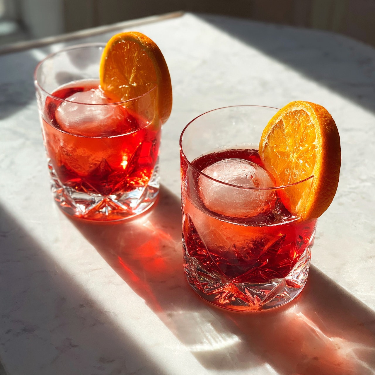 square image Two clear glasses sit on a white marbled surface, filled with a red drink and each containing a large round ice ball. Each glass is decorated with a bright orange slice on the rim, adding a fresh and colorful touch. The drink has a smooth and glossy look, with light reflections making it look cool and refreshing. photo taken with an iphone --ar 4:5 --v 7