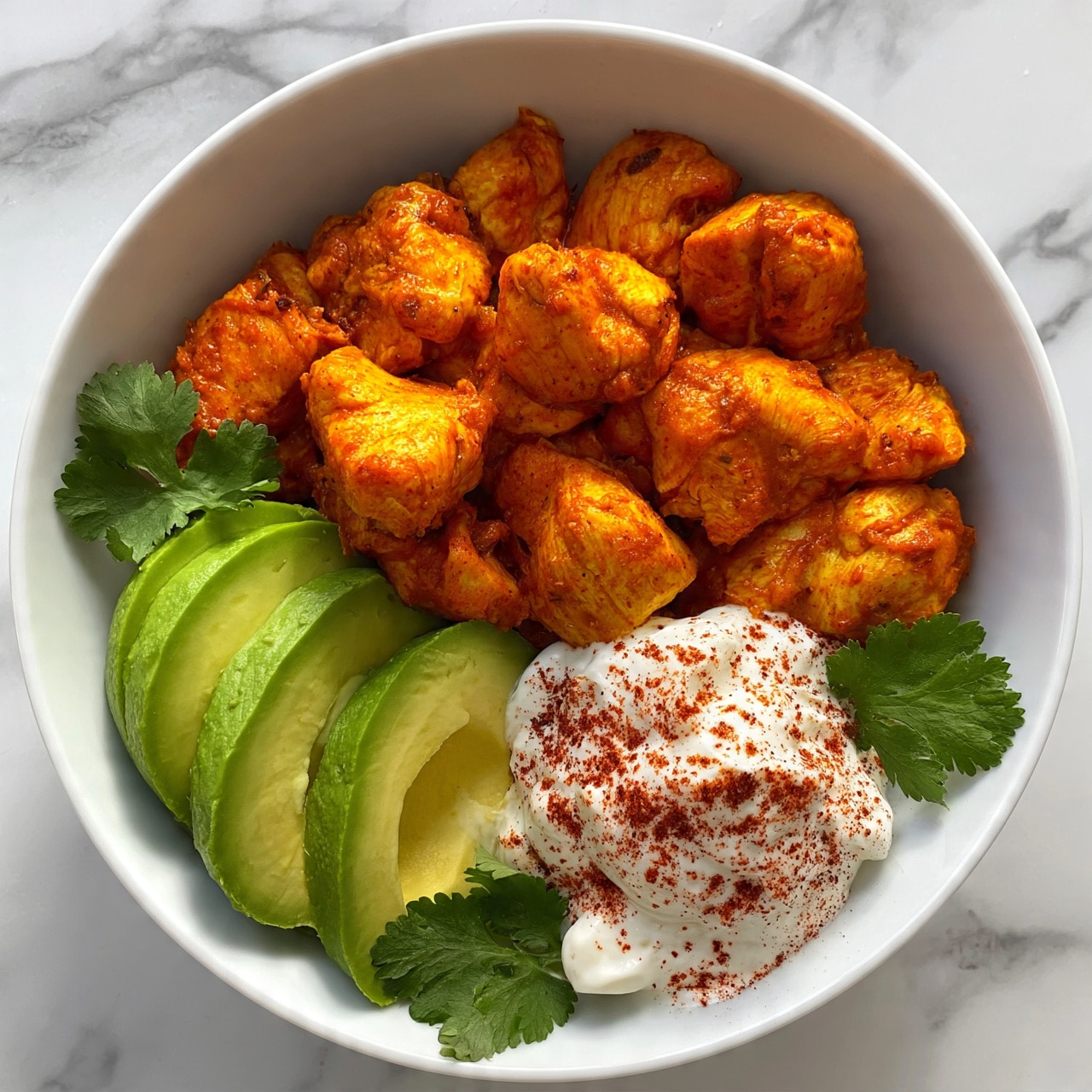square image The image shows a white bowl filled with bright orange-red cooked chicken pieces on the top half. On the bottom left inside the bowl, there are three slices of fresh green avocado arranged neatly with a smooth texture. Next to the avocado slices on the bottom right, there is a dollop of white sour cream sprinkled lightly with red chili powder. Fresh green cilantro leaves are placed on the sour cream and beside the avocado for garnish. The bowl is set on a white marbled surface. Photo taken with an iphone --ar 4:5 --v 7