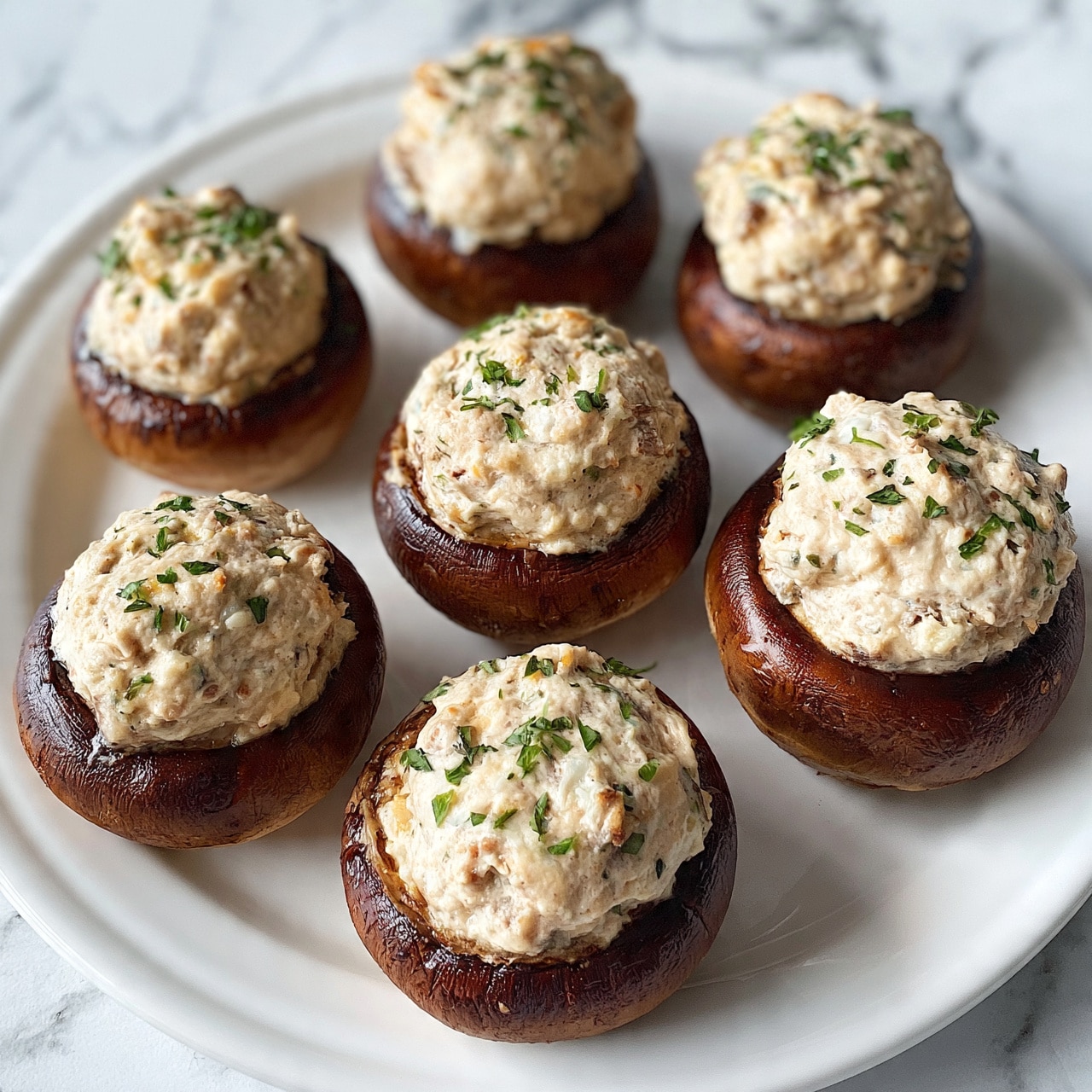 square image The image shows a white plate with eight stuffed mushrooms placed evenly. Each mushroom cap is dark brown and slightly shiny with a smooth texture. The top layer is a light beige creamy mixture filled into the mushroom cavities, sprinkled lightly with small pieces of green herbs. The creamy filling has a soft, slightly rough texture with small bits visible inside. The plate with the mushrooms sits on a white marbled surface. photo taken with an iphone --ar 4:5 --v 7