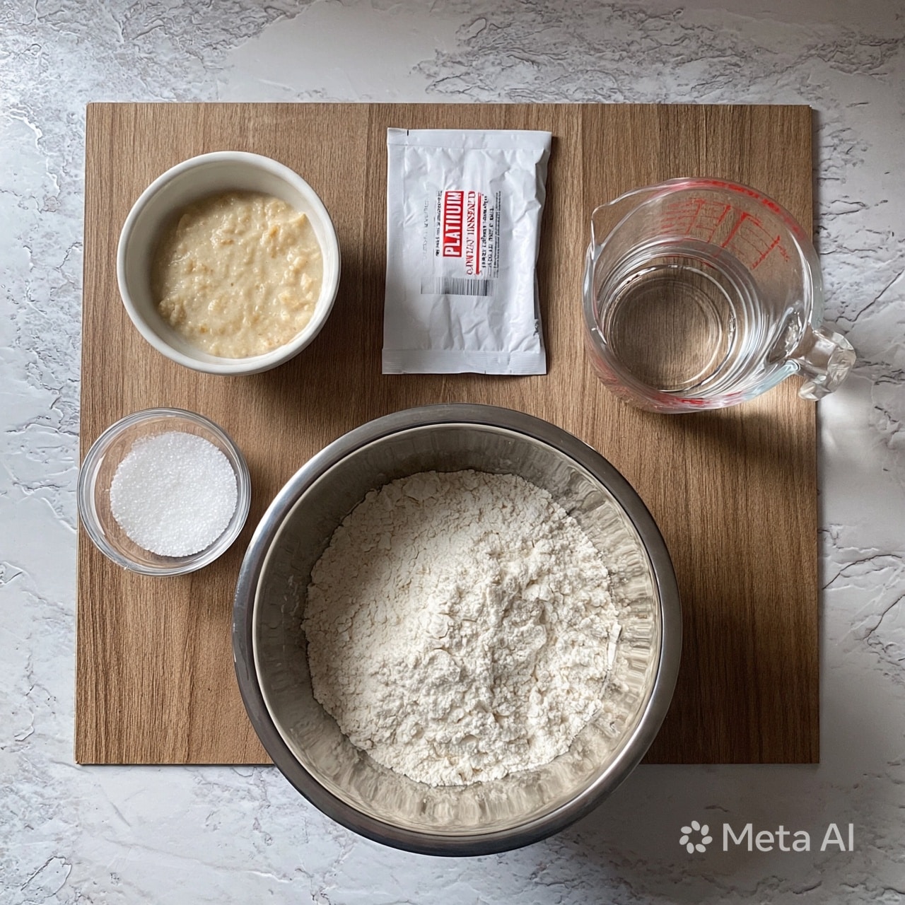 square image The image shows baking ingredients arranged neatly on a wooden surface with a white marbled texture. In the middle bottom, there is a shiny silver metal bowl filled with a heap of white flour that has a soft, powdery texture. Above the bowl is a white packet of platinum instant yeast with red and black text. To the left of the yeast packet, a small white ceramic bowl contains a pale beige, thick mixture with a slightly chunky texture. Below this bowl is a small clear glass bowl filled with white granulated salt. To the right of the yeast packet, a clear glass measuring cup with red markings holds clear water. The layout is clean and organized for baking preparation. Photo taken with an iphone --ar 4:5 --v 7