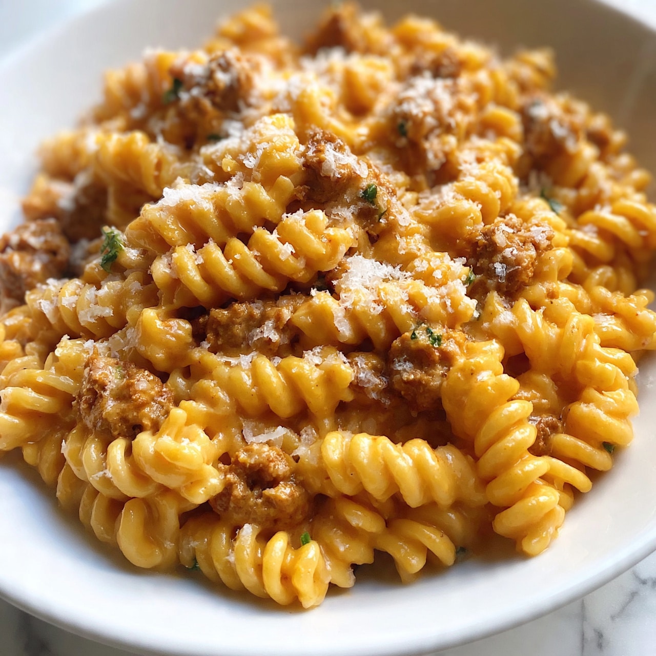 square image The image shows a close-up of a plate filled with fusilli pasta coated in a creamy sauce that is light orange in color. Scattered on top are small pieces of browned meat, adding a textured element across the pasta. The pasta spirals have a glossy, smooth look with some white grated cheese sprinkled lightly on the meat and pasta. A few small green herb bits are visible, adding a slight contrast. The plate is white and sitting on a white marbled surface. photo taken with an iphone --ar 4:5 --v 7