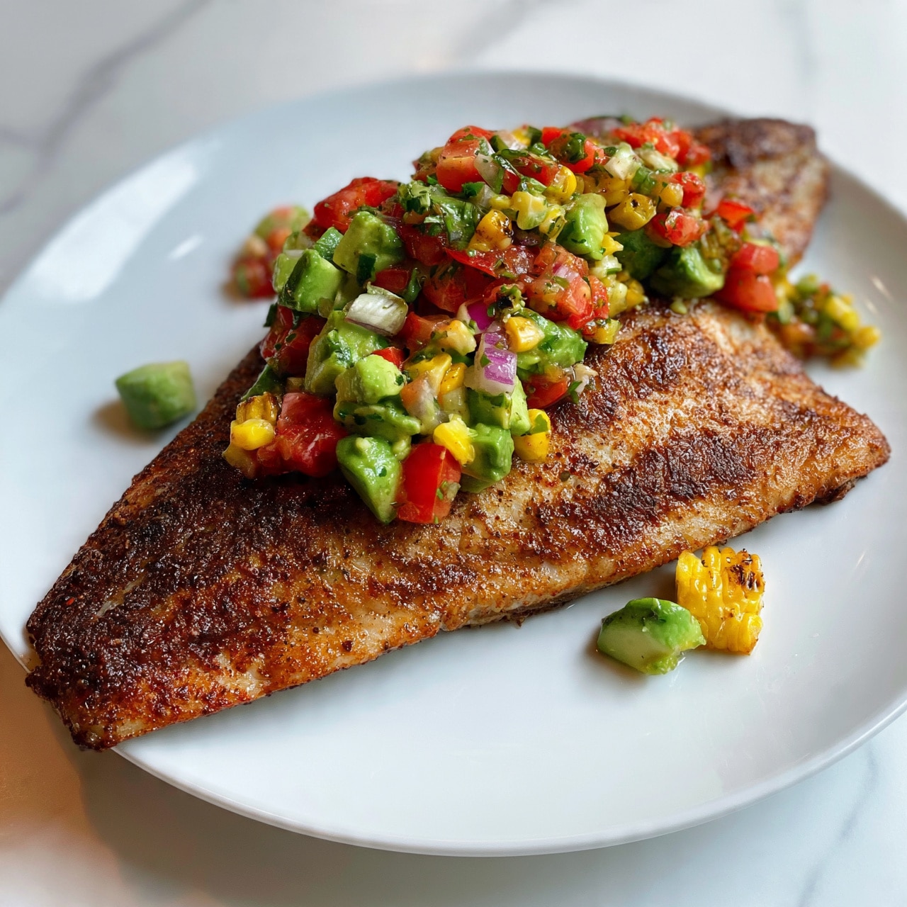 square image A large, cooked fillet of fish with a dark brown, seasoned crust lies on a white round plate. On top of the fish, there is a chunky salsa made of diced green avocado, red tomatoes, small pieces of yellow charred corn, and bits of red onion, mixed with chopped green herbs. The salsa adds bright green, red, yellow, and purple colors and rough textures on the soft brown fish. A few additional pieces of avocado and corn rest around the fillet on the white plate. The background is a smooth white marbled surface. Photo taken with an iphone --ar 4:5 --v 7