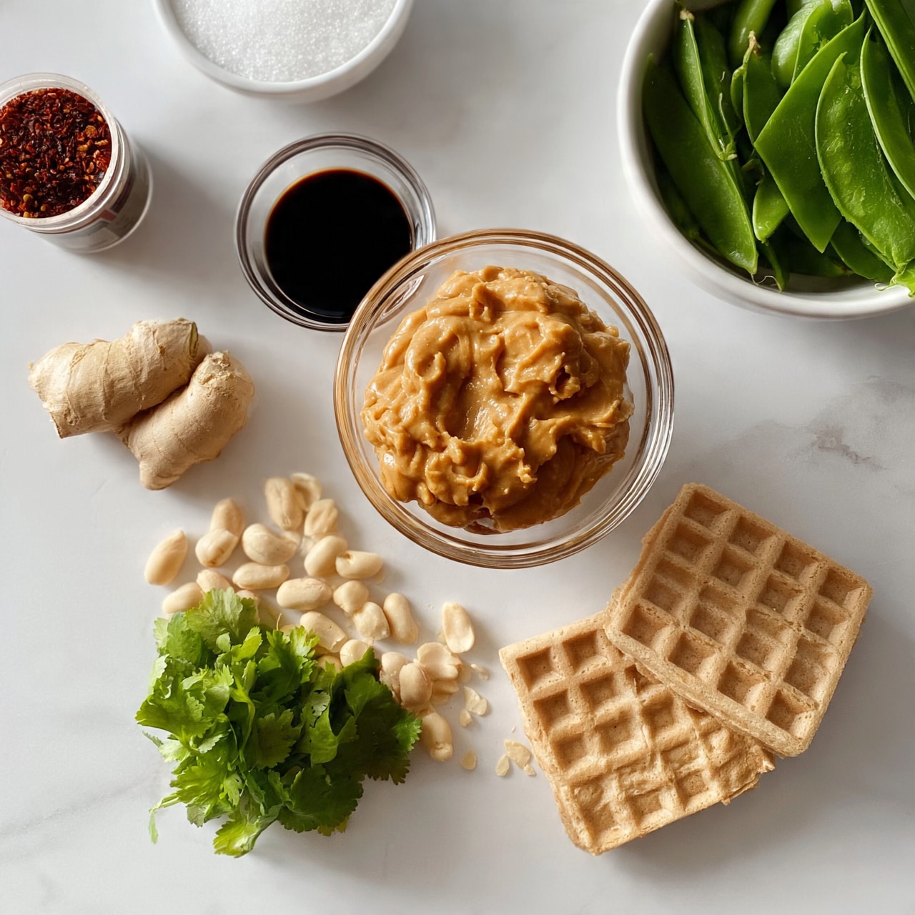 square image The image shows a flat lay of various ingredients on a white marbled surface. There are two waffles, light brown and square, placed near the bottom right. To the left of the waffles is a small pile of fresh green cilantro leaves. Above the cilantro, pale beige peanuts are scattered. Near the left side, there are two beige pieces of fresh ginger root. In the middle, a clear glass bowl filled with creamy light brown peanut butter is seen. Above the peanut butter bowl, there is a small clear dish with dark soy sauce. To the left of the soy sauce is a small container with a red chili mix. On the top right, a white bowl holds fresh green snap peas. Toward the top left, a small white bowl contains white granulated sugar. The overall scene is bright and clean. Photo taken with an iphone --ar 4:5 --v 7