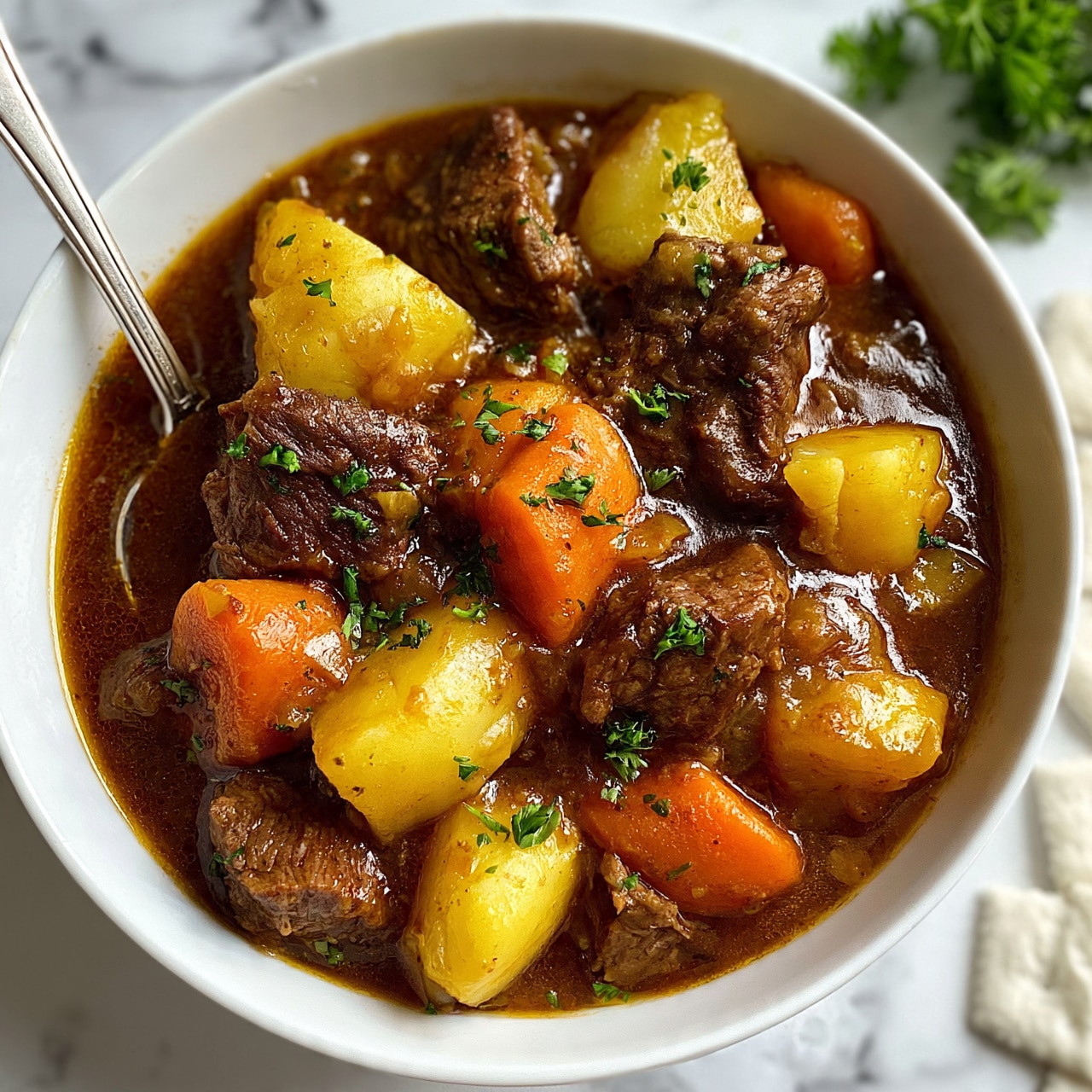 square image A white bowl filled with thick beef stew, showing several large layers: chunky brown beef pieces, thick golden yellow potato chunks, and bright orange carrot pieces all mixed in a rich, glossy dark brown sauce. The stew is topped with small green parsley bits that add a fresh touch. A silver spoon sits inside the bowl on the left side, slightly submerged in the stew. The bowl is on a white marbled surface with a few white crackers scattered to the right, and some fresh green parsley in the upper right corner. Photo taken with an iphone --ar 4:5 --v 7