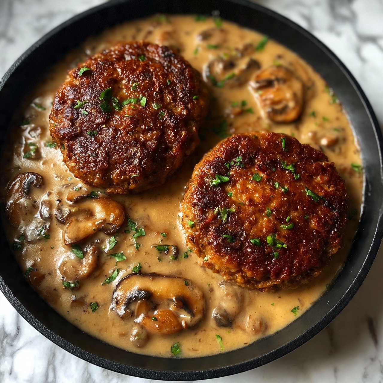 square image Two thick brown patties with a slightly crispy texture sit side by side in a black pan filled with light brown mushroom sauce. The sauce has visible mushroom slices and small green herb pieces sprinkled on top. The surface beneath the pan is a white marbled texture. photo taken with an iphone --ar 4:5 --v 7