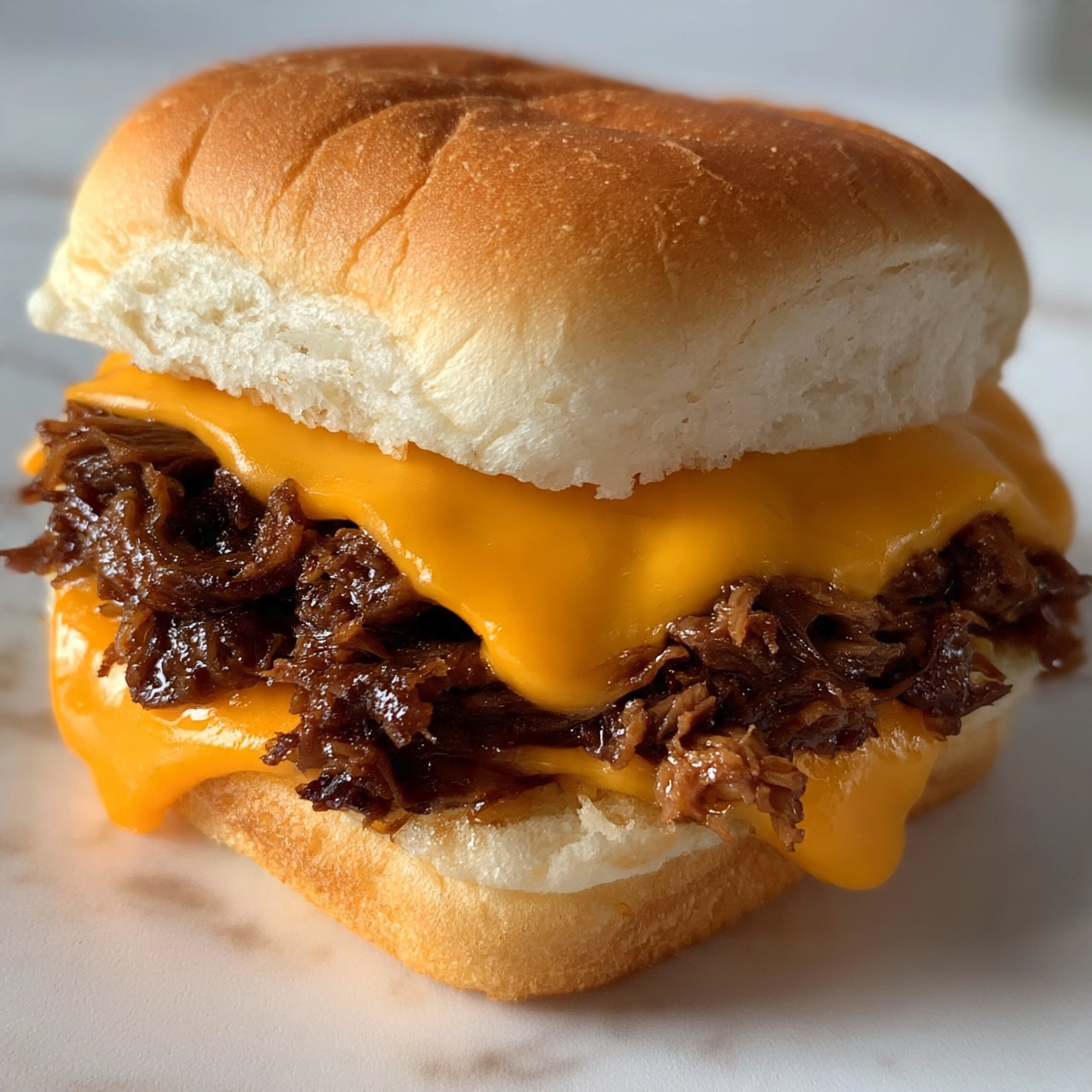square image The image shows a sandwich made with a soft, golden-brown toasted bun that has a fluffy, white inside. Inside, there are two main layers: a thick layer of tender, shredded dark brown meat with a juicy, slightly shiny texture, and melted orange cheese smoothly covering the meat, partly dripping on the sides. The sandwich sits on a surface with a white marbled texture. photo taken with an iphone --ar 4:5 --v 7