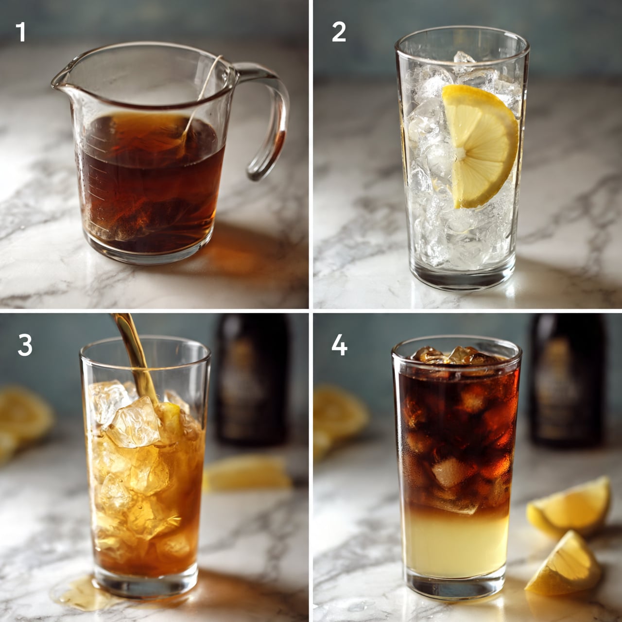 square image The image shows four steps of making a dark iced tea drink. The first step features a clear measuring cup with dark brown tea and a tea bag inside, placed on a white marbled surface. The second shows a tall clear glass filled with ice cubes and a slice of yellow lemon inside. The third shows the glass with ice and lemon now filled with light brown tea liquid starting at the bottom and slowly mixing with the ice, with a blurred dark bottle in the background and lemon slices on the white marbled surface. The fourth image shows the tall glass layered with dark brown tea at the top, a middle layer of ice cubes, and a bottom layer of light yellow lemon liquid, with lemon wedges nearby and a blurred dark bottle in the background, all on the white marbled surface photo taken with an iphone --ar 4:5 --v 7