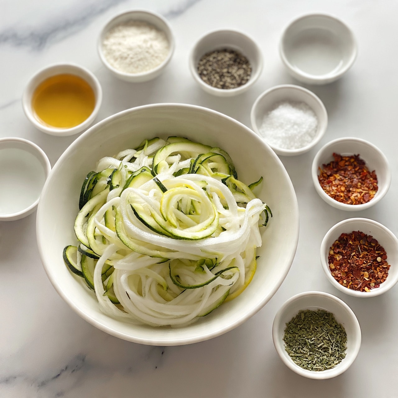 square image The image shows a white bowl filled with thin green and white zucchini slices placed on a white marbled surface. Around the bowl, there are seven small white bowls each holding different ingredients: a golden yellow liquid, a white powder, black pepper, white salt, red chili flakes, dried green herbs, and a clear liquid. The colors are soft with a clean and organized feel. Photo taken with an iphone --ar 4:5 --v 7