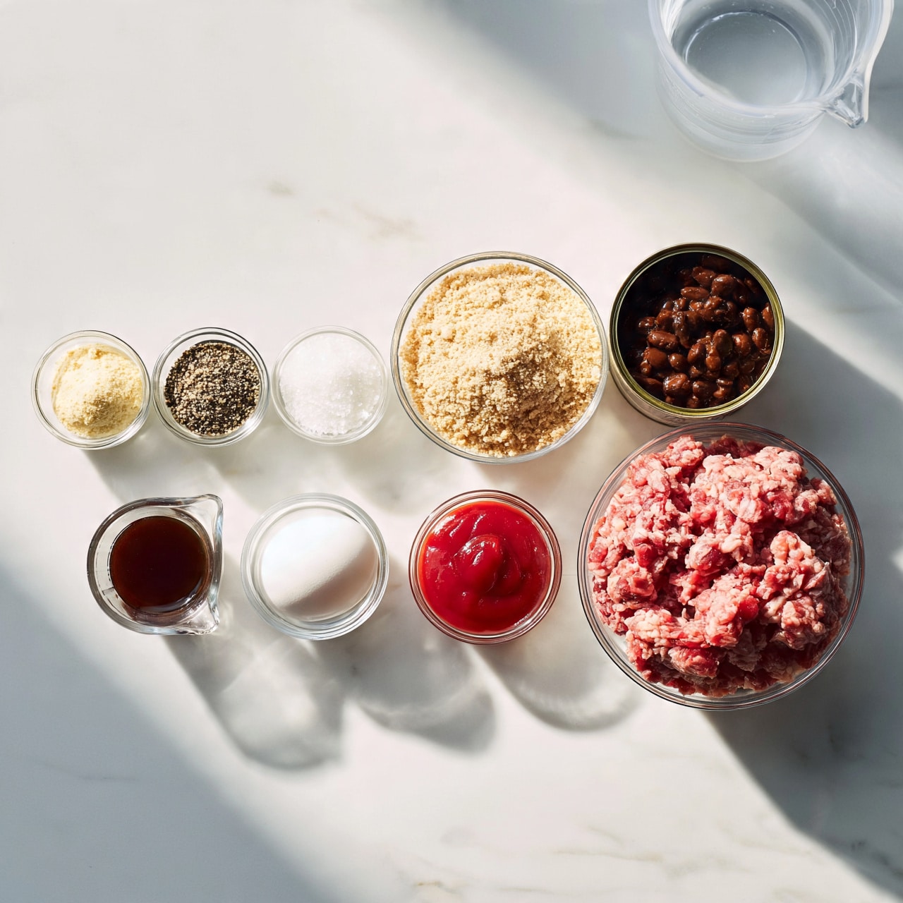 square image A group of different ingredients are arranged neatly on a white marbled surface. From left to right, there are small glass bowls holding pale yellow powder, black and white pepper mix, white powder, and coarse white salt. Next, a slightly larger glass bowl is filled with light tan breadcrumbs next to a metal can partially opened showing dark brown beans inside. Below, there is a small clear measuring cup with dark brown liquid, a white egg in a small bowl, a small glass bowl with bright red ketchup, and a larger glass bowl filled with raw pink and red ground meat. A clear plastic measuring cup with water is at the top right. The light source casts soft shadows, making everything look fresh and clean. photo taken with an iphone --ar 4:5 --v 7
