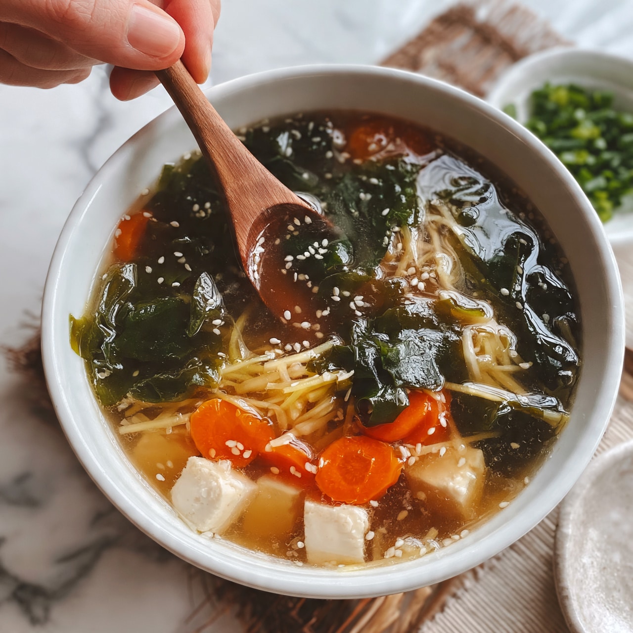 square image A white bowl filled with clear broth soup showing three main layers: the bottom pale broth, the middle layer with white radish pieces, orange carrot chunks, and white tofu cubes, and the top layer garnished with dark green seaweed, light yellow enoki mushrooms, and scattered thinly sliced green onions. A wooden spoon rests inside the bowl, slightly lifting some soup ingredients. The bowl sits on a brown bamboo mat, all placed on a white marbled surface. photo taken with an iphone --ar 4:5 --v 7