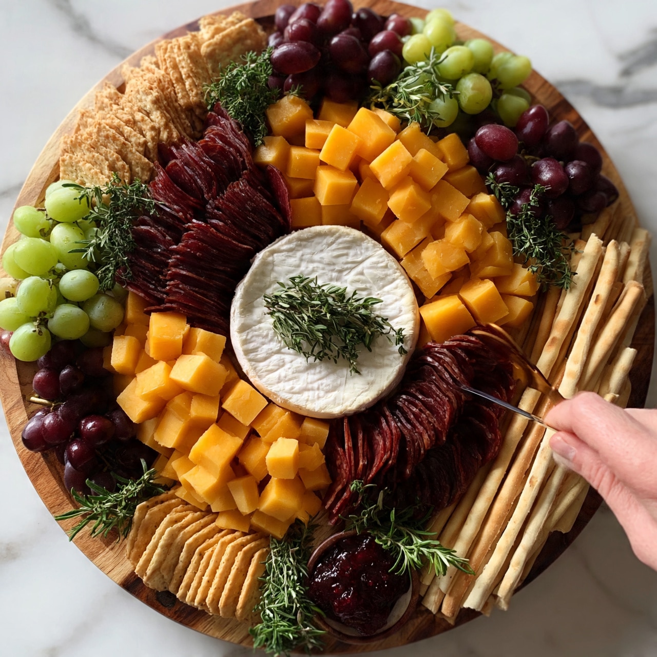 square image A round wooden board is filled with many colorful foods, neatly arranged in layers. In the center, there is a circle of white cheese with a soft texture and a small bunch of green herbs on top. Around that, there are cubes of bright orange cheese and slices of dark red cured meat arranged in small piles. On the edges, there are green grapes, bunches of dark purple olives, and crunchy crackers arranged in groups. There are also long, thin breadsticks placed along one side and a small dish of red jam near the bottom. Green herbs are used as decoration, and a woman's hand is holding a knife near the cheese. The background is a white marbled surface. Photo taken with an iphone --ar 4:5 --v 7