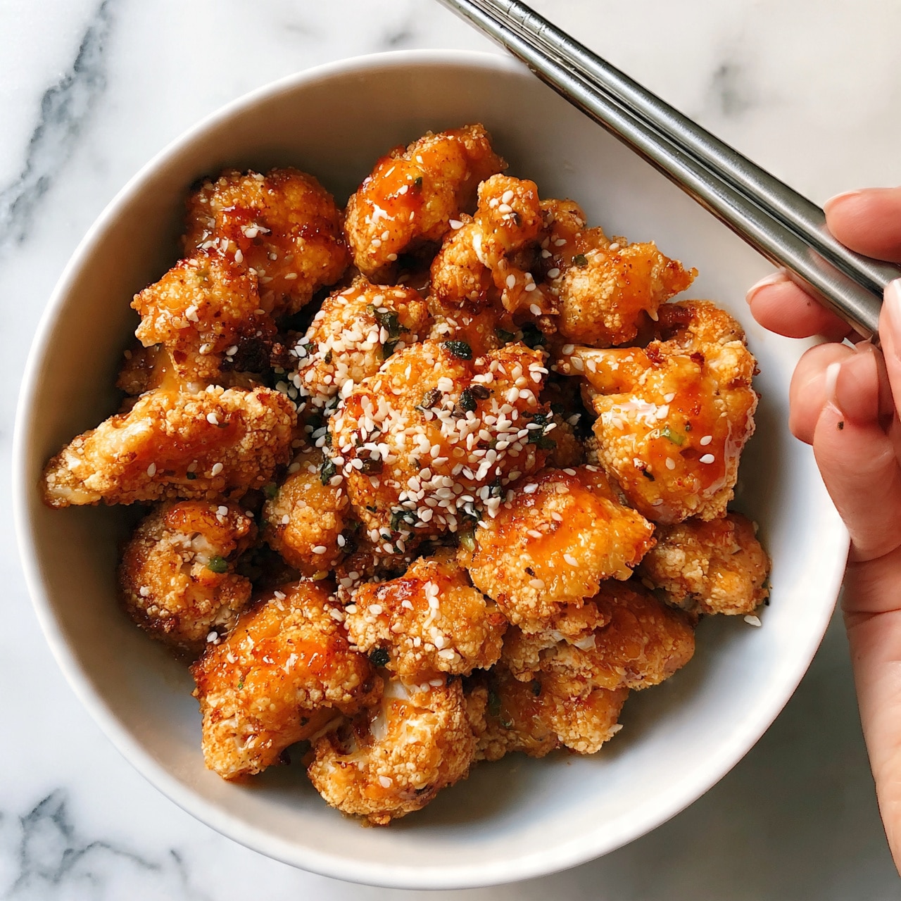 square image The image shows a white bowl full of crispy golden-brown cauliflower pieces covered in a shiny orange sauce. The cauliflower is arranged in layers, with the top layer sprinkled with white sesame seeds and small bits of green herbs. Silver chopsticks rest on the edge of the bowl, with a woman's hand holding them gently. The bowl sits on a white marbled surface. photo taken with an iphone --ar 4:5 --v 7