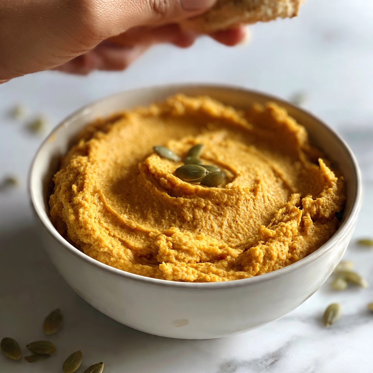 square image A white bowl filled with a thick, creamy orange spread that has a slightly rough texture on top. The spread is shaped in soft swirls with a few green pumpkin seeds sprinkled on its surface. The bowl sits on a white marbled surface with some scattered pumpkin seeds around it, and a woman's hand is visible above holding a piece of bread or cracker close to the bowl. Photo taken with an iphone --ar 4:5 --v 7