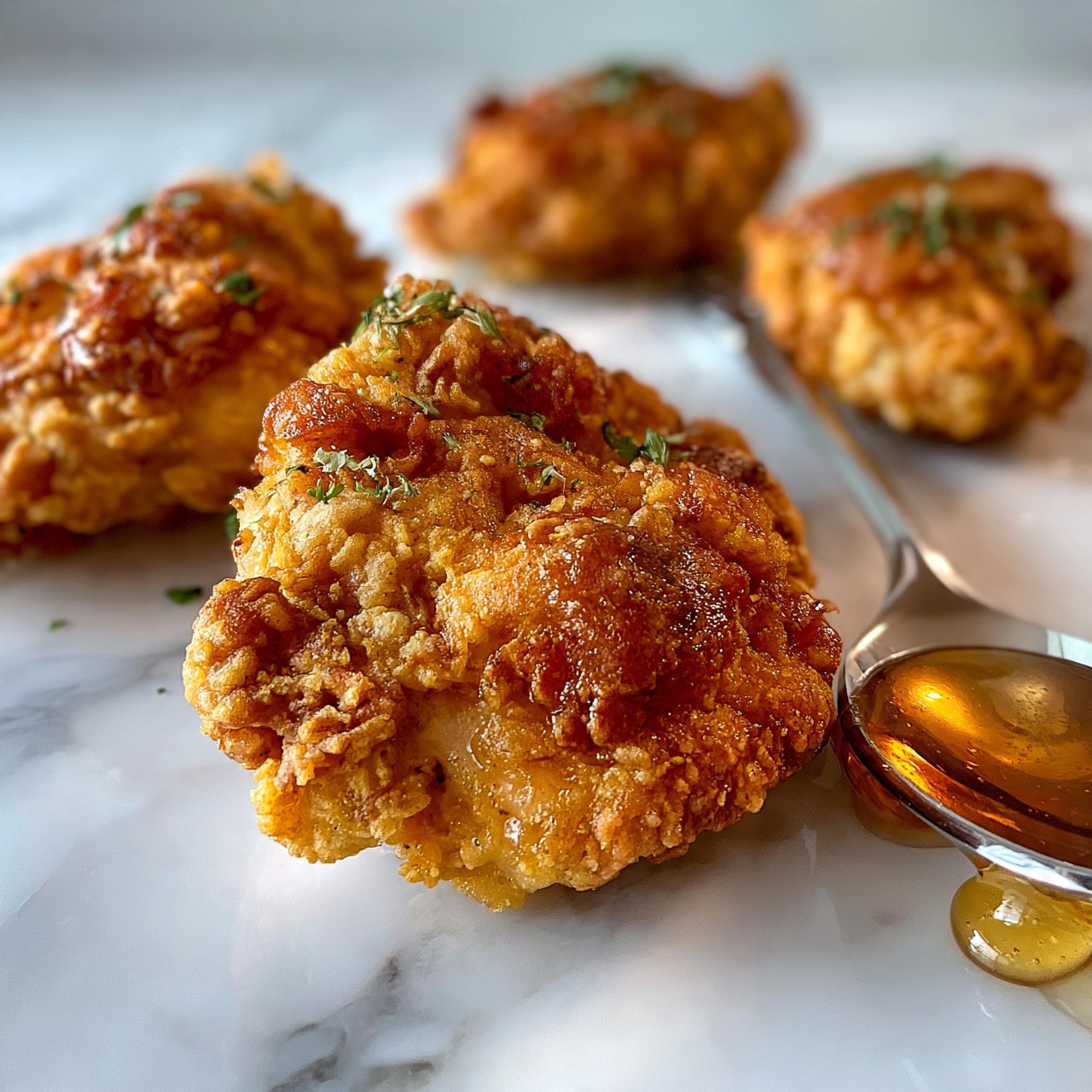 square image This image shows a white marbled surface with several pieces of golden brown fried chicken placed on it. The chicken pieces have a crunchy, textured coating with small bits of herbs sprinkled on top, adding a touch of green. A shiny spoon with honey is resting on the surface beside the chicken, slightly dripping with honey that adds a sticky shine. The chicken pieces are arranged unevenly, some closer to the spoon and some further away, with the biggest piece in the center that looks extra crispy. photo taken with an iphone --ar 4:5 --v 7
