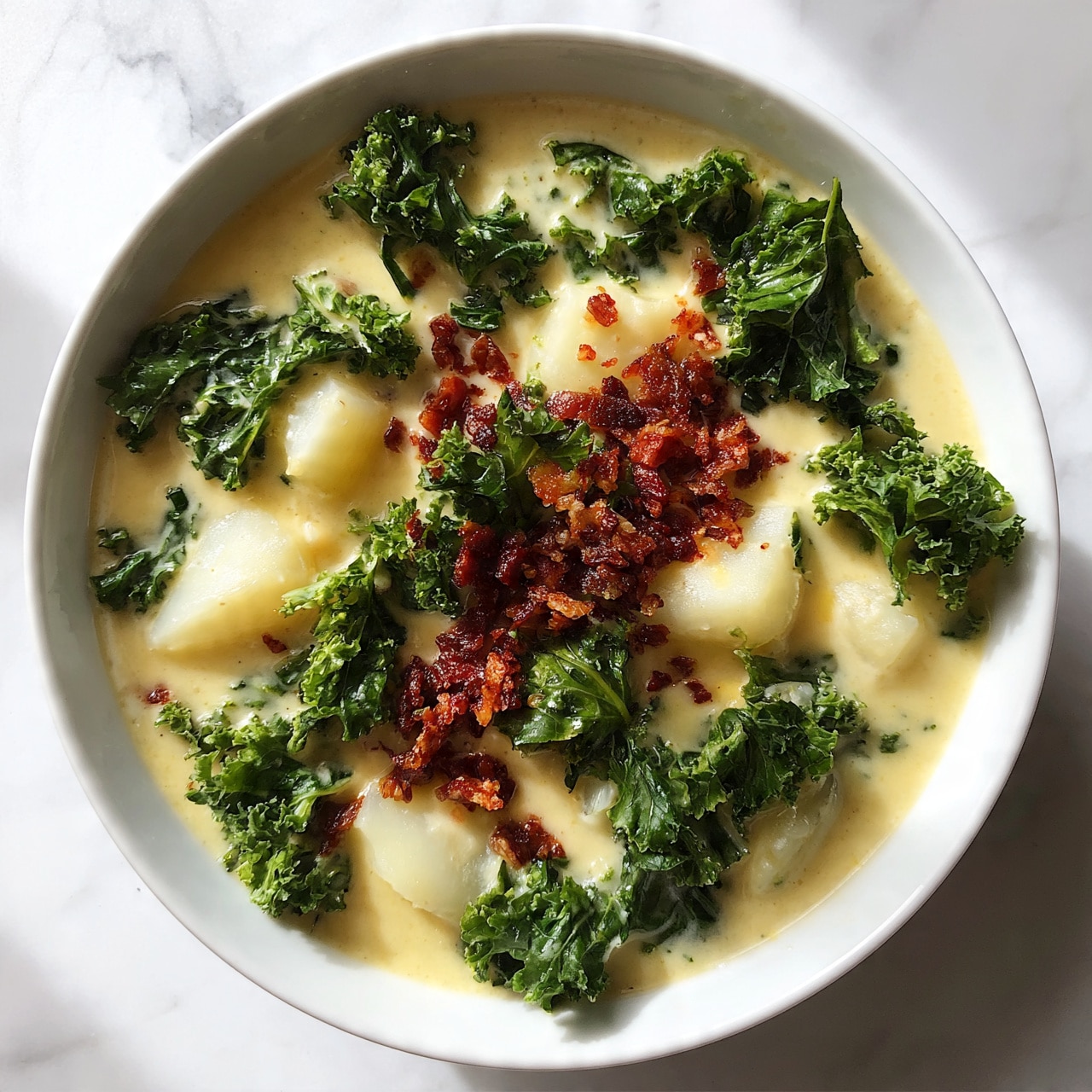 square image The image shows a white bowl filled with a creamy soup. The soup has several layers: a light yellow creamy base with soft chunks of white potatoes, bright green curly kale leaves spread evenly, and small crispy reddish-brown bacon pieces on top. The textures vary: smooth broth, tender potatoes, and crunchy bacon. The bowl sits on a white marbled surface, bright and clean, with soft natural light. photo taken with an iphone --ar 4:5 --v 7