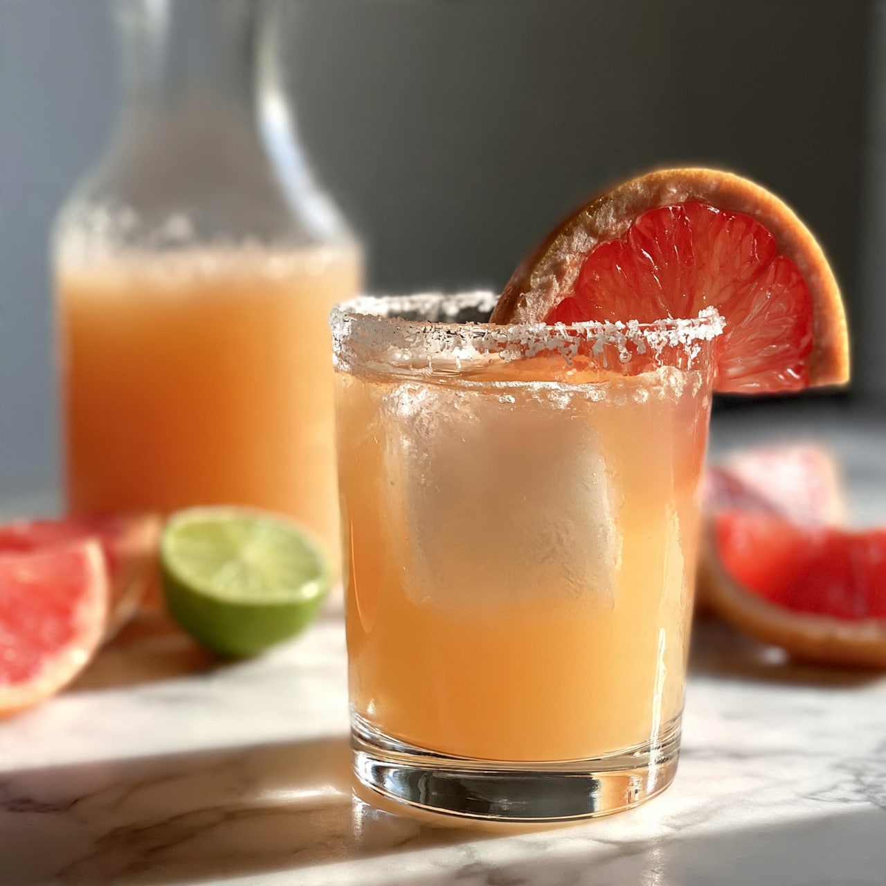 square image A clear glass contains a light orange drink with a large transparent ice cube inside. The rim of the glass is coated lightly with salt. There is a slice of pink grapefruit with its rind showing, placed on the right edge of the glass. Behind the glass, there is a transparent carafe with a matching light orange drink inside. Around the glass and carafe, there are slices of pink grapefruit and half a lime with green skin, all set on a white marbled surface. photo taken with an iphone --ar 4:5 --v 7