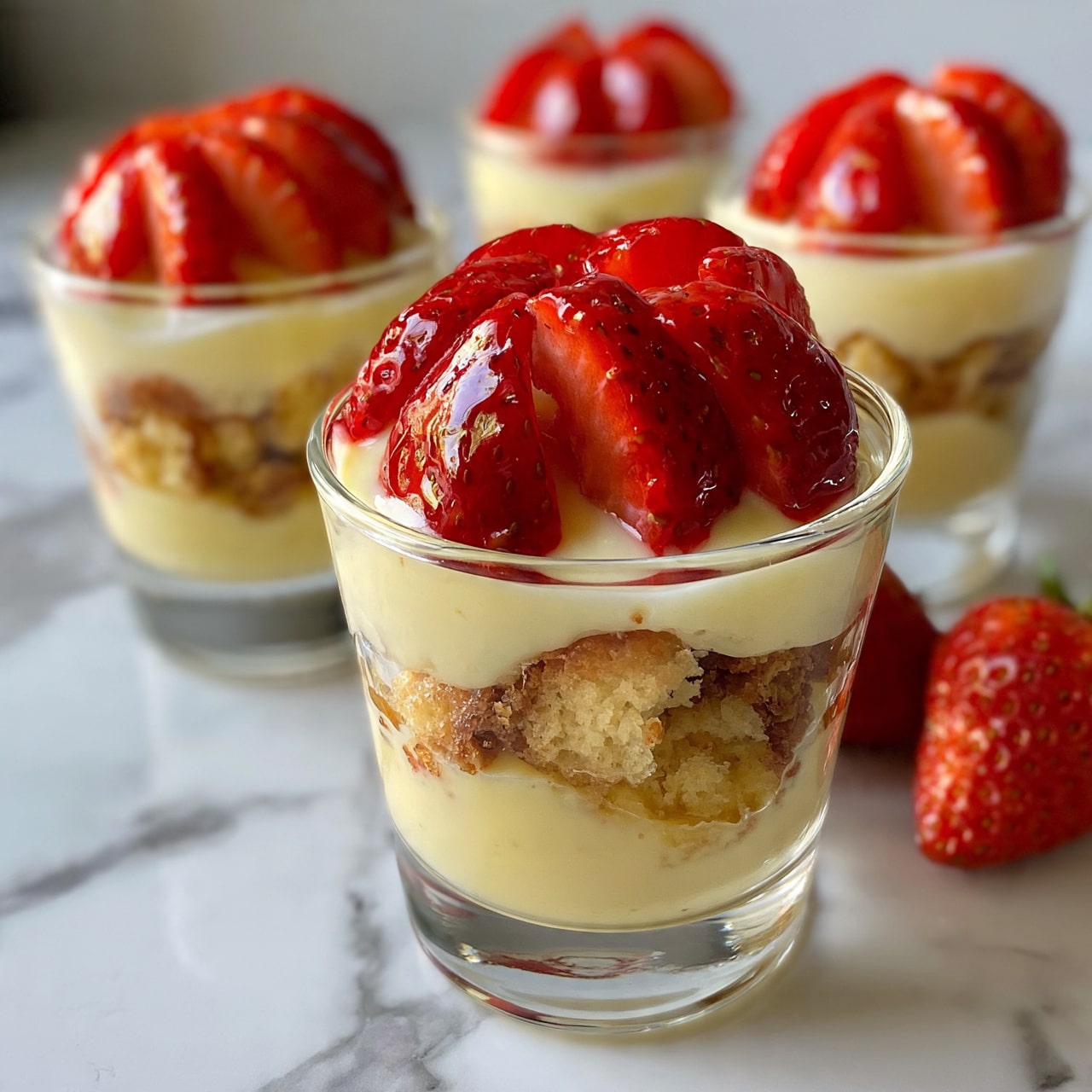 square image The image shows three clear glass dessert cups filled with layers of creamy custard, light brown crumbly cake pieces, and fresh bright red sliced strawberries on top. Each cup has three distinct layers starting with the pale yellow custard at the bottom, followed by the crumbly light brown cake in the middle, and more custard above it. The top layer is decorated with glossy red strawberry slices arranged neatly. The cups are placed on a white marbled surface with a few whole strawberries nearby. The photo taken with an iphone --ar 4:5 --v 7