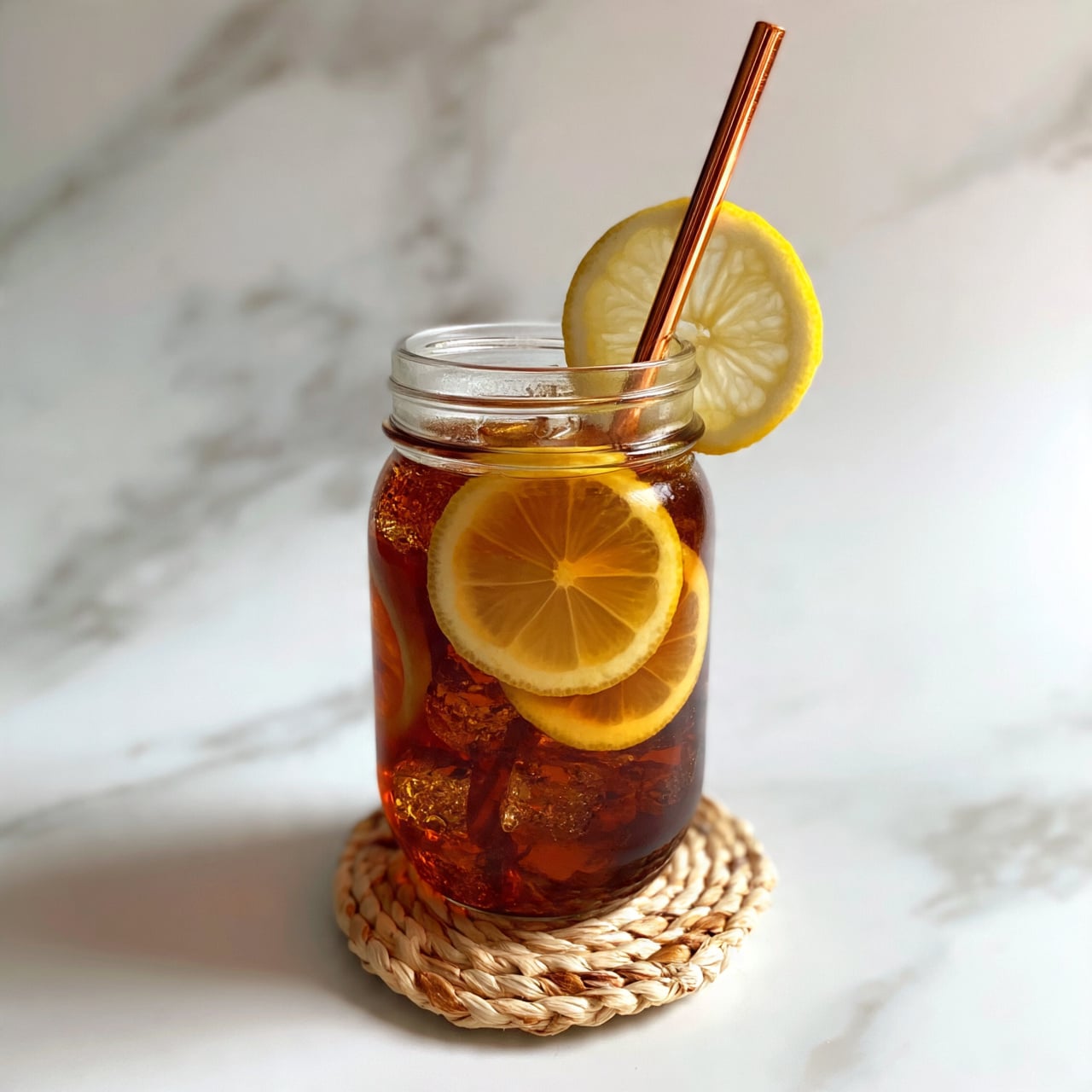 square image A clear glass mason jar filled with dark amber iced tea, with ice cubes visible inside. Three lemon slices are placed inside the tea, adding bright yellow circular layers against the dark liquid. One lemon slice is perched on the rim of the jar. A shiny copper straw stands upright in the jar. The jar sits on a small, round woven coaster with beige and brown tones. The background is a white marbled surface with soft gray patterns. Photo taken with an iphone --ar 4:5 --v 7