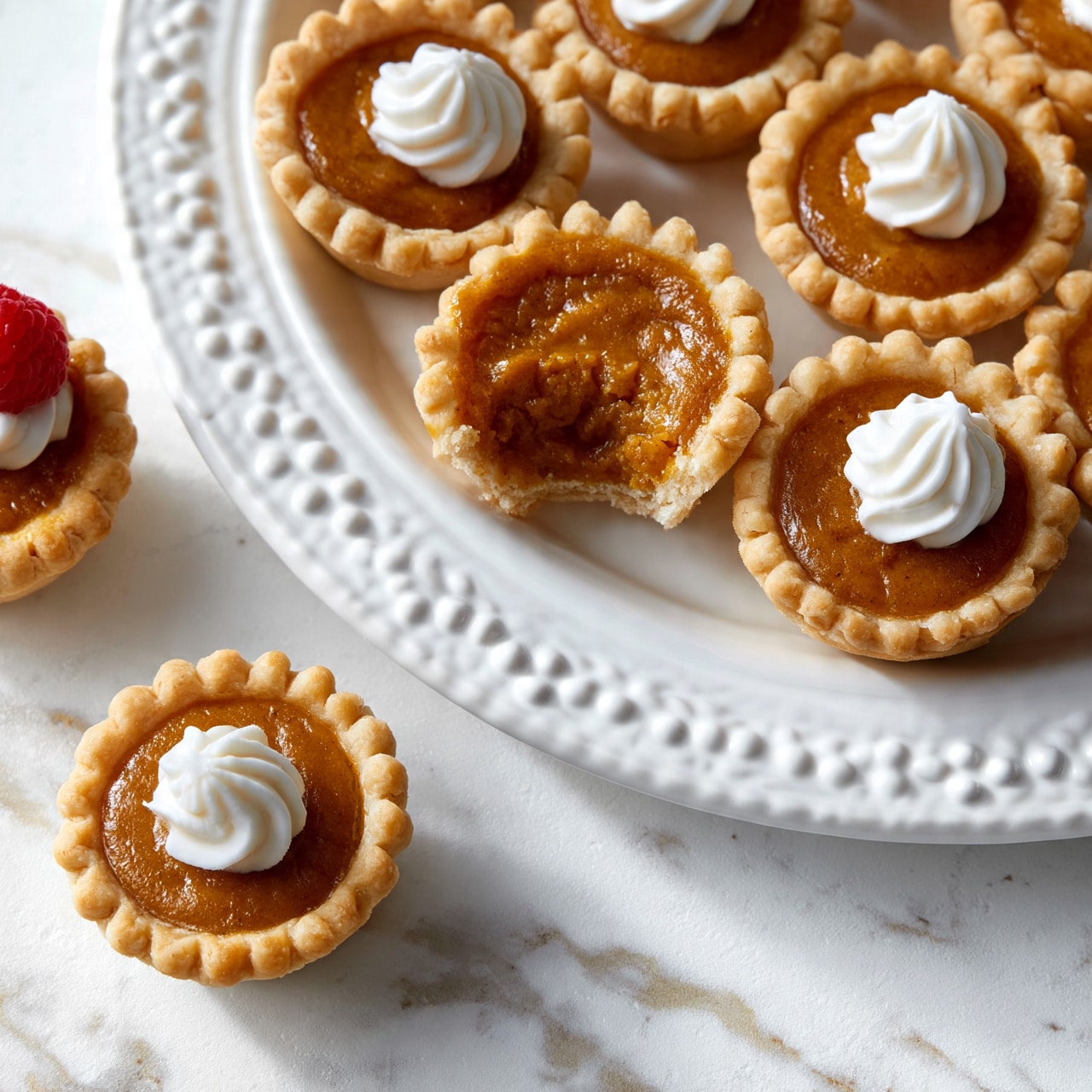 square image Small round mini pumpkin pies are arranged closely on a large white plate with a textured dotted edge, sitting on a white marbled surface. Each pie has a light golden crust with a smooth, deep orange pumpkin filling that looks moist and slightly shiny. Most pies have a small swirl of white whipped cream on top, while one pie shows a bite taken out, revealing the soft, textured filling inside beneath the crust. A few pies are also placed directly on the white marbled surface next to the plate, one topped with a small red raspberry beside the whipped cream. Photo taken with an iphone --ar 4:5 --v 7