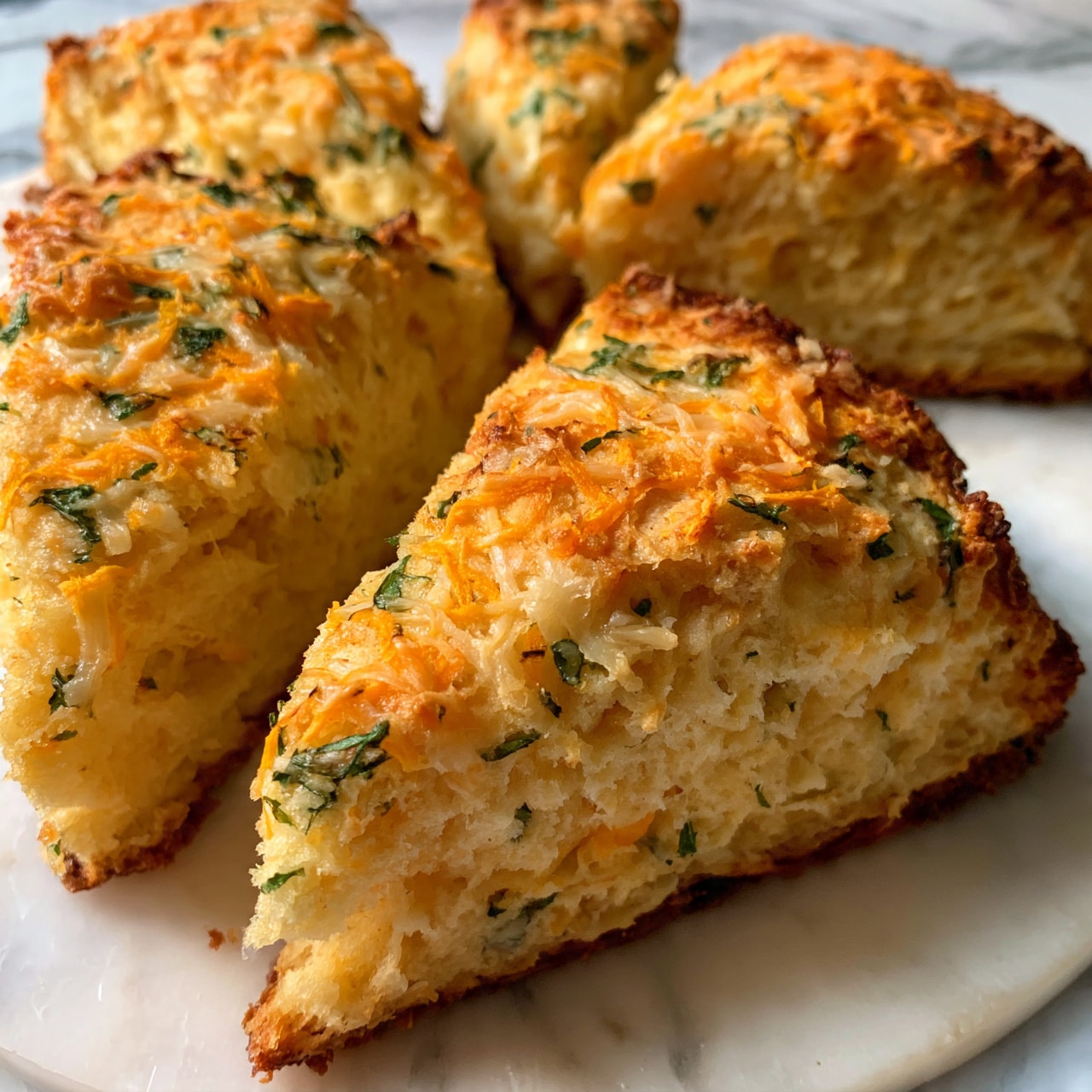 square image A close-up view of a golden-brown scone sliced into triangular pieces placed on a white marbled surface. Each scone piece shows a crumbly texture with visible shredded orange and pale cheese on top, along with green herbs scattered throughout. The layers inside reveal a soft, moist, and fluffy interior that contrasts with the slightly crispy outer crust. Photo taken with an iphone --ar 4:5 --v 7
