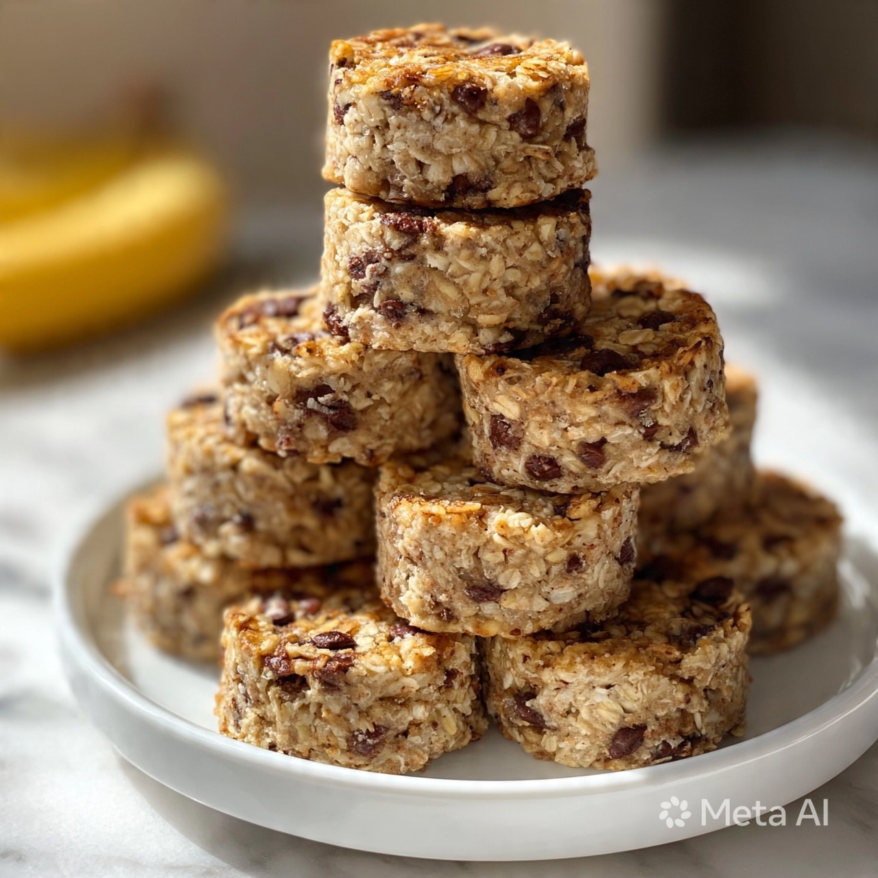 square image A white plate filled with two layers of round oatmeal bites stacked unevenly, each piece showing rough textures of oats and visible small dark chocolate chips scattered throughout, giving a mix of light brown and dark spots. In the blurred background, a yellow banana lies on a white marbled surface. Soft light highlights the details on the oatmeal bites photo taken with an iphone --ar 4:5 --v 7