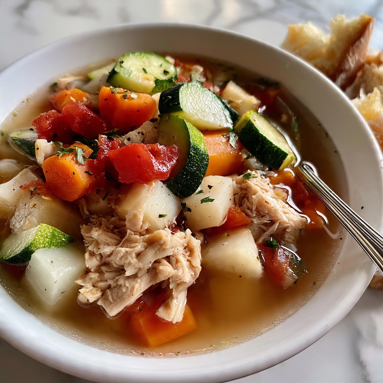 square image The image shows a close-up view of a bowl of soup filled with several layers of ingredients. The bottom layer is a clear light brown broth. Floating on top are chunks of shredded light beige chicken, diced white potatoes, orange carrots, green zucchini slices with darker green skin, and red diced tomatoes, all garnished with small bits of fresh green herbs. The bowl is white and rests on a white marbled surface. A silver spoon is placed inside the bowl on the right side, and pieces of torn golden brown bread are beside the bowl. photo taken with an iphone --ar 4:5 --v 7