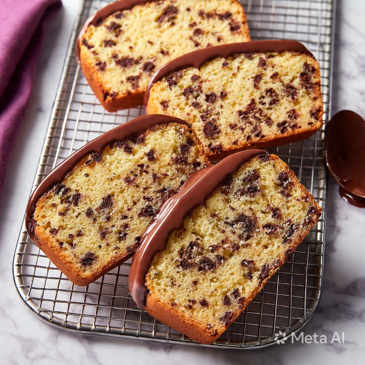 square image Four slices of light yellow cake with many small dark chocolate bits are placed slightly overlapping on a metal cooling rack over a white marbled surface. Each slice has a thick layer of glossy brown chocolate on the top edge, melted and slightly dripping. To the right, a spoon with melted chocolate rests on the marbled surface. A folded purple cloth is on the left side of the image. photo taken with an iphone --ar 4:5 --v 7
