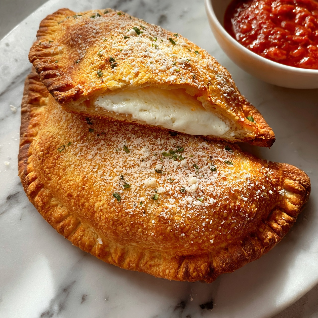 square image Two folded golden-brown calzones with a slightly crispy crust are placed on a white marbled surface. The top calzone is partially opened, showing a layer of melted white cheese inside. The crust has a light sprinkling of grated cheese and a few small green herb pieces scattered on it. In the top right corner, there is a white bowl filled with chunky red tomato sauce. Photo taken with an iphone --ar 4:5 --v 7