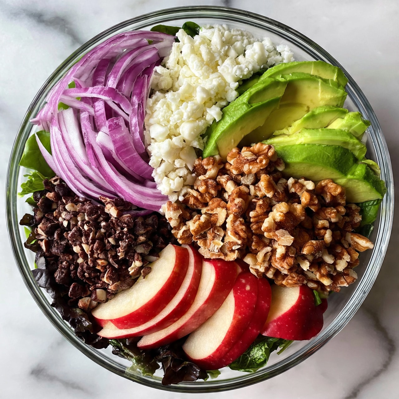 square image A clear glass bowl is filled with a colorful salad, arranged in separate layers. In one section, there are purple onion slices, finely chopped white cheese next to it, bright green avocado slices, and next to that, a pile of crunchy brown walnuts. Below them, red apple slices with the skin on add a pop of color. On the left side, there are small dark brown chopped nuts or beans, and the base of the bowl is lined with dark green leafy lettuce. The bowl is placed on a white marbled surface. Photo taken with an iphone --ar 4:5 --v 7