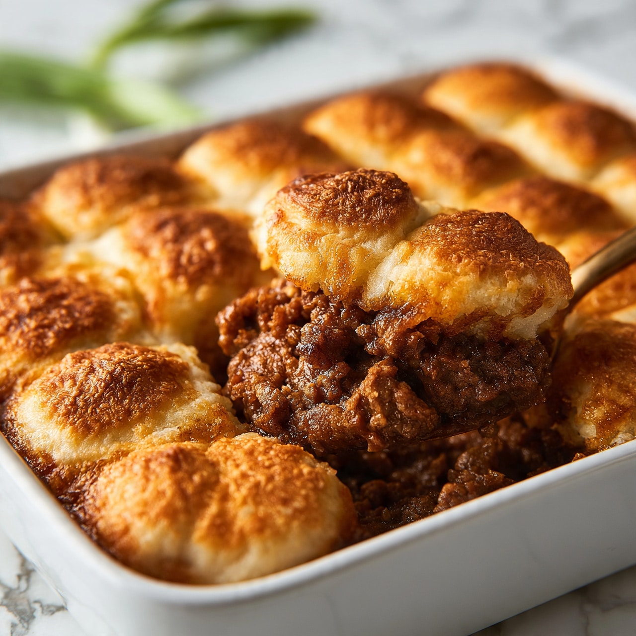 square image The image shows a close-up of a white square dish filled with a baked casserole. The top layer features golden brown, round dumpling-like pieces arranged evenly, with a slightly crispy and textured surface. When lifted by a spoon, a layer below reveals a rich, thick mixture of browned ground meat that looks moist and well cooked. Green onion stalks lie blurred in the white marbled background. The photo has a warm, inviting tone, highlighting the contrast between the golden top and the hearty meat underneath. photo taken with an iphone --ar 4:5 --v 7