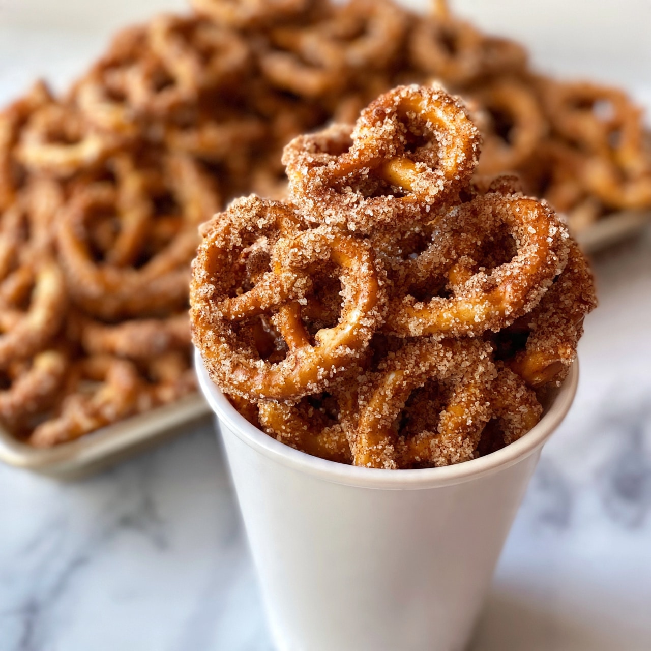 square image A tall white cup is filled to the top with small pretzels covered in a light brown sugar and cinnamon coating, giving them a sparkling, textured look. Behind the cup is a tray filled with more of the same pretzels, all resting on a white marbled surface. The pretzels are golden brown with the sugar mixture visibly clinging to their twisted shapes, creating a crunchy and sweet appearance. Photo taken with an iphone --ar 4:5 --v 7
