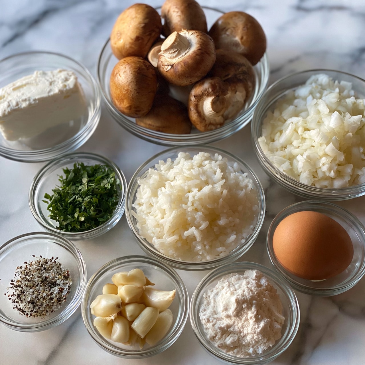 square image A white marble textured surface holds nine clear glass bowls arranged closely together. The largest bowl in the middle back contains whole brown mushrooms with smooth caps. To the left, a bowl holds a block of white cream cheese. On the right, a bowl is filled with finely chopped white onions. Below the mushrooms, a smaller bowl contains chopped green herbs. In the center, slightly left, there is a bowl of plain white rice. The front left bowl has small specks of black and white mixed seasoning. Next to it, a bowl holds peeled garlic cloves. The front right bowl has a brown egg beside a small bowl of white flour. The bowls are all simple and round, placed on the smooth white marble background. photo taken with an iphone --ar 4:5 --v 7