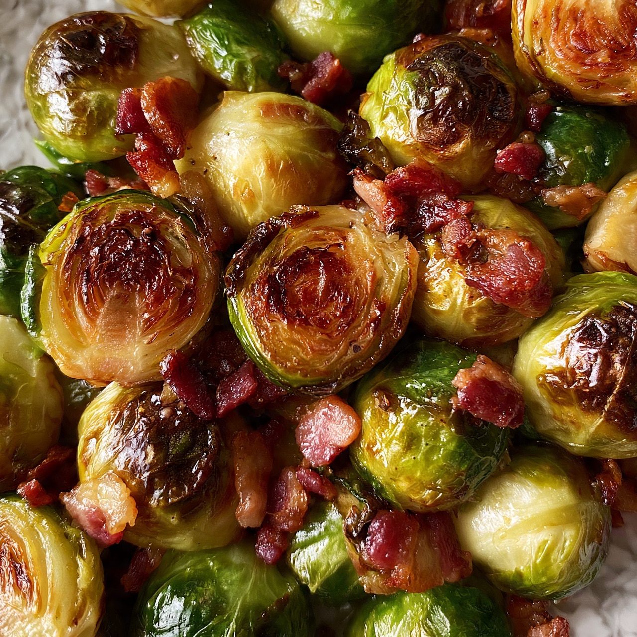 square image The image shows a close-up of roasted Brussels sprouts mixed with small pieces of browned bacon. The Brussels sprouts have a golden-brown color on the outer leaves with some green parts visible, giving a textured look. The bacon pieces are crispy and reddish-brown, scattered evenly throughout the sprouts. The whole dish has a shiny, slightly oily surface from the roasting. The background features a white marbled texture. Photo taken with an iphone --ar 4:5 --v 7