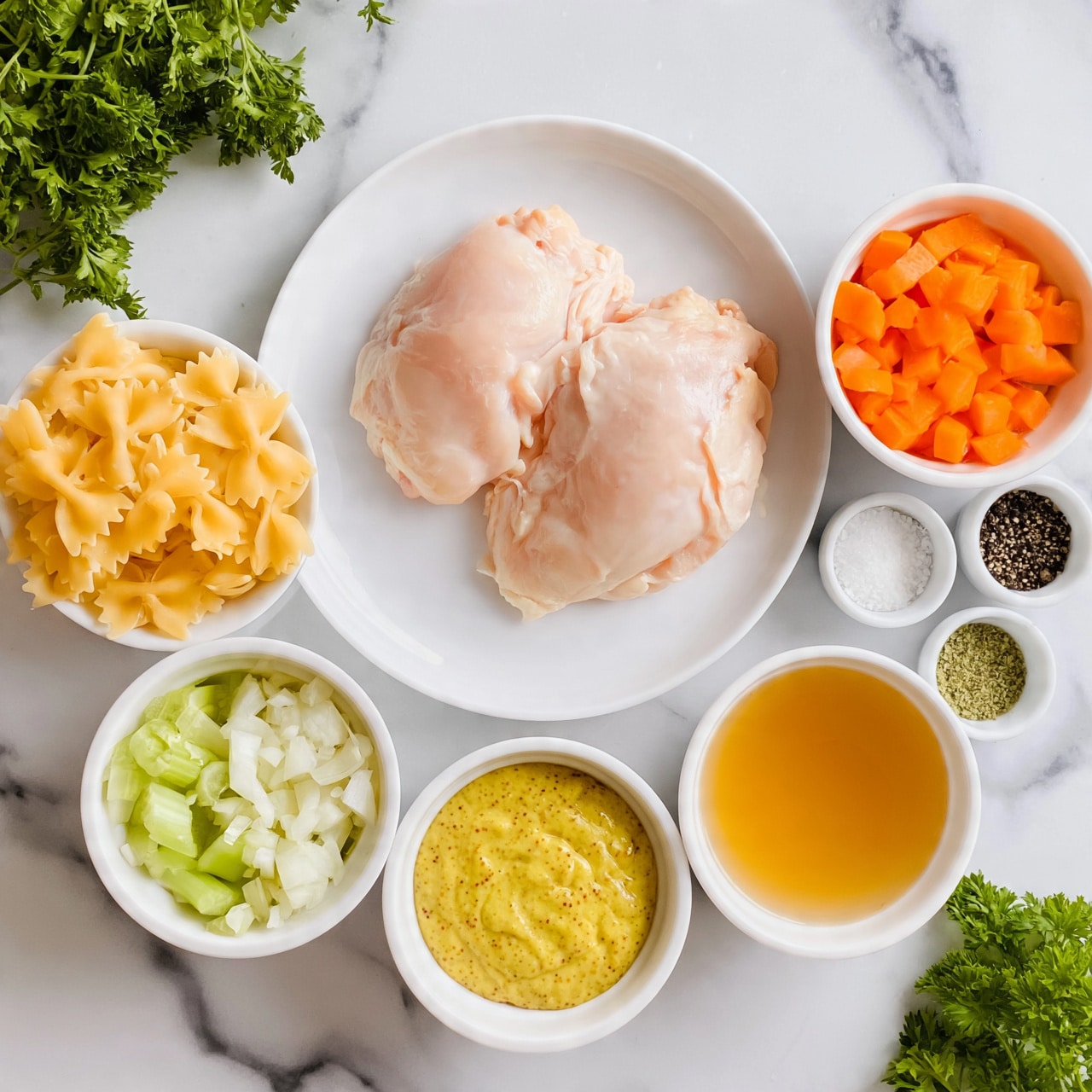 square image The image shows an overhead view of white bowls and a white plate arranged on a white marbled surface. At the top center, the white plate holds two raw, pale pink chicken pieces. Surrounding the plate are small white bowls filled with different ingredients: one with uncooked yellow bowtie pasta, one with orange diced carrots, one with light green celery pieces, one with diced white onions, one with yellow mustard sauce, and one with golden chicken broth. Additionally, there are small white containers holding white salt, black pepper, and green spices. Fresh green parsley sprigs are placed on the top left and bottom right corners of the image. The photo was taken with an iphone --ar 4:5 --v 7