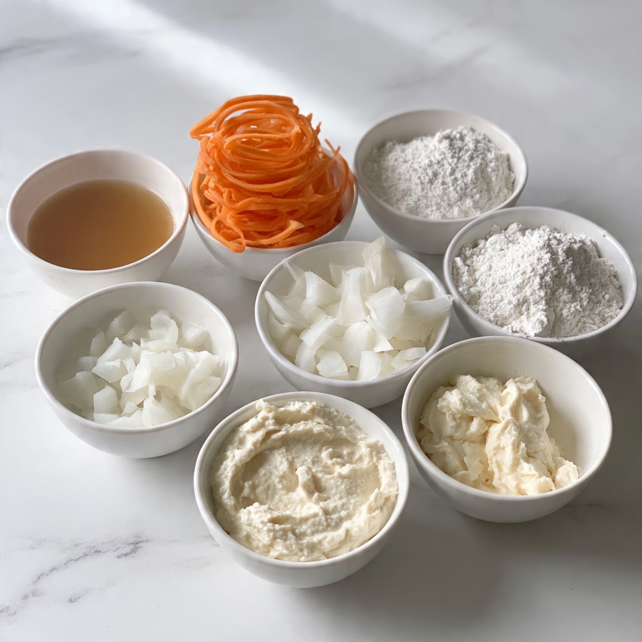 square image The image shows seven small white bowls arranged on a white marbled surface, each filled with different ingredients. One bowl holds a light brown liquid, another has thin orange curls stacked neatly, and a third is filled with white powder. There is a bowl with chopped white pieces that look like onions. One bowl contains a thick off-white creamy mixture, while another has a similar creamy texture but in a smaller amount. The last bowl appears empty or has a very light ingredient. The setup is clean and simple, with soft natural light. Photo taken with an iphone --ar 4:5 --v 7
