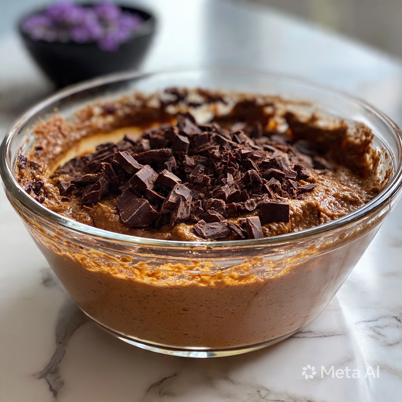 square image A glass bowl sits on a white marbled surface, filled halfway with thick, light brown batter mixed with uneven chunks of dark chocolate scattered on top, showing a rough texture. The inner sides of the bowl have smears of the batter, and the bowl’s rim gleams in the light. In the blurry background, a black bowl contains small violet flowers, adding contrast to the scene. Photo taken with an iphone --ar 4:5 --v 7