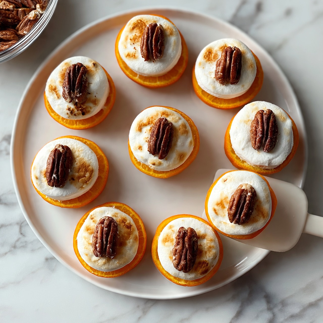 square image The image shows a white plate placed on a white marbled surface, holding nine small round orange slices as the bottom layer. Each orange slice is topped with a layer of white toasted marshmallow, which has a slightly golden-brown color in some spots. On top of the marshmallow layer, in the center of each piece, is a single pecan half that is dark brown and textured. Part of a white spatula is lifting one piece from the plate. In the top left corner, a glass bowl with more pecans is partially visible. Photo taken with an iphone --ar 4:5 --v 7