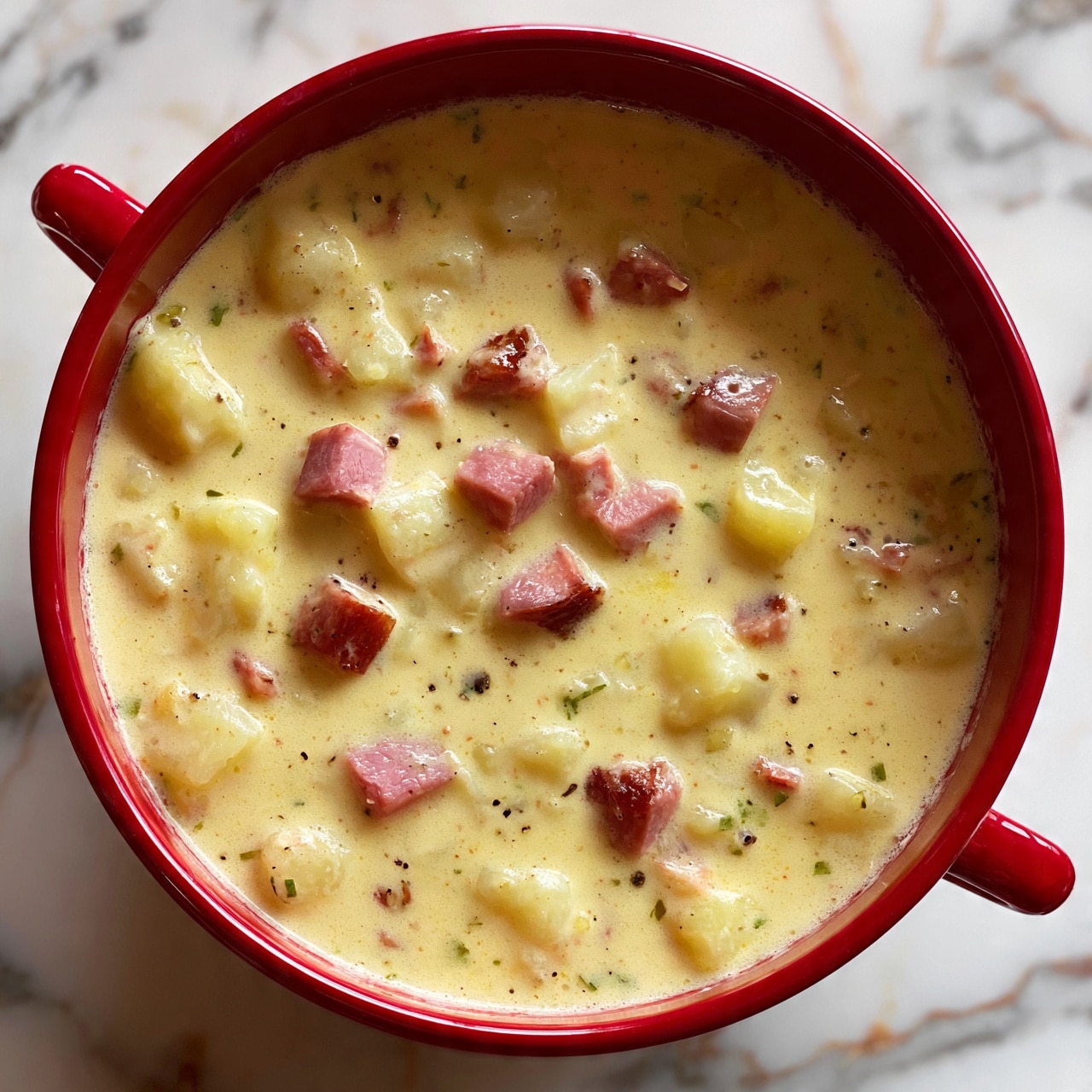 square image A white marbled table holds a red pot filled with creamy soup. The soup is pale yellow with small soft chunks of potato and cubes of pink ham floating on top. Tiny green herbs and black pepper pieces are scattered within the creamy liquid, adding texture and color. The pot has two small handles, one visible, and the soup looks warm and thick. Photo taken with an iphone --ar 4:5 --v 7square image