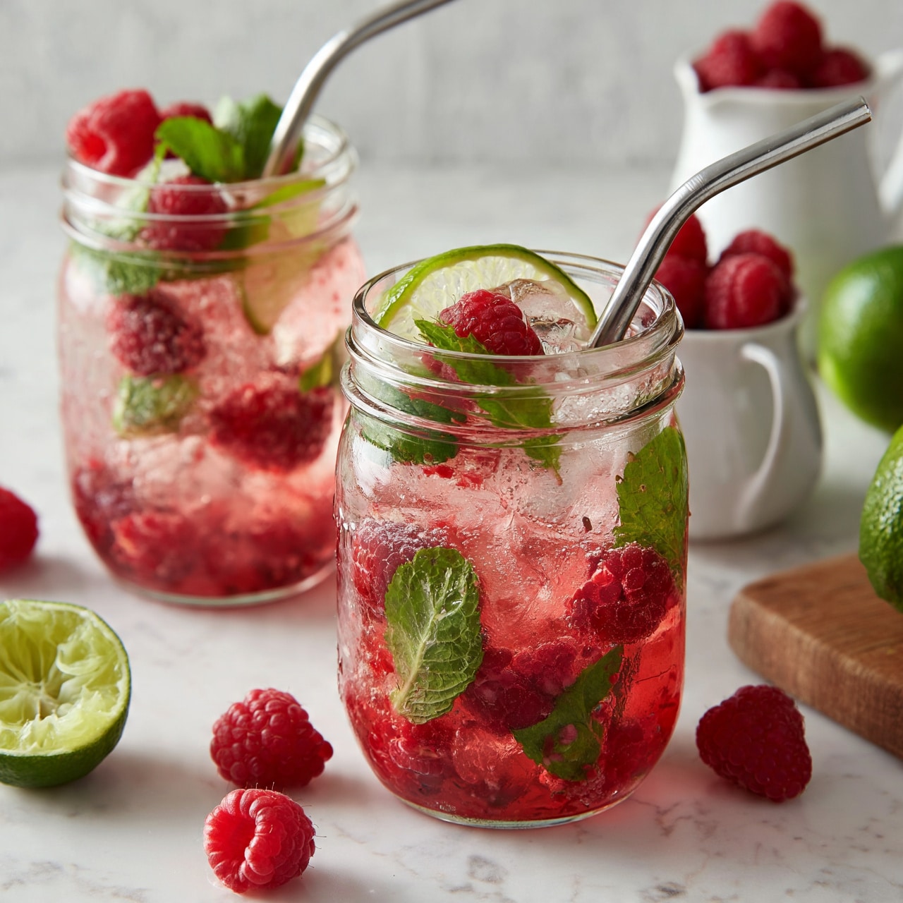square image Two white mason jars hold a pinkish-red drink filled with ice cubes, whole and crushed raspberries, green mint leaves, and a slice of lime peel. Each jar contains a silver metal straw that curves slightly above the rim. Around the jars, there are scattered fresh raspberries and a halved lime showing its juicy green inside on a white marbled surface. To the right, there is a small white pitcher filled with raspberries, and part of a wooden board is visible with whole green limes resting on it. Photo taken with an iphone --ar 4:5 --v 7