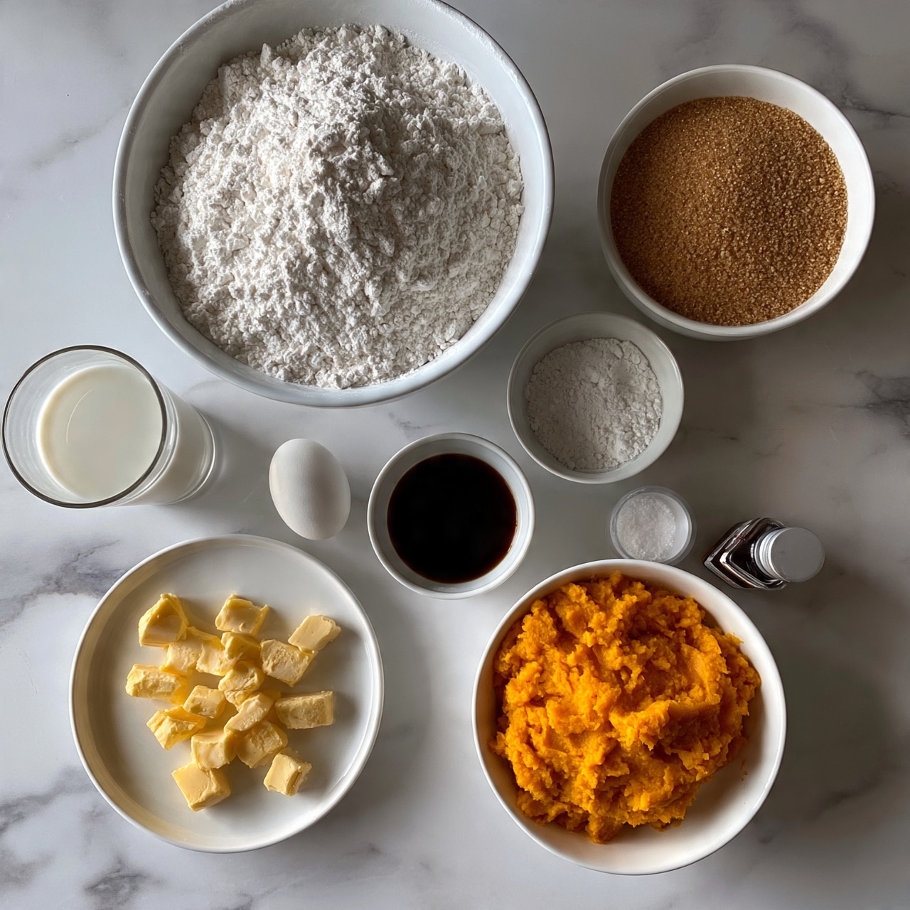 square image The image shows several white bowls and containers on a white marbled surface, each filled with different baking ingredients. There is a large white bowl filled with white flour at the top, a white bowl with light brown sugar on the right, and a small white bowl with white baking powder beside them. Below, a white plate holds small yellow chunks of butter, and next to it is a white bowl containing bright orange mashed pumpkin. A glass cup with milk, a single white egg, a small bowl with dark syrup, a salt container, and a jar of vanilla extract are also present. The colors range from white and light brown to bright orange and dark brown, with smooth and powdery textures. photo taken with an iphone --ar 4:5 --v 7