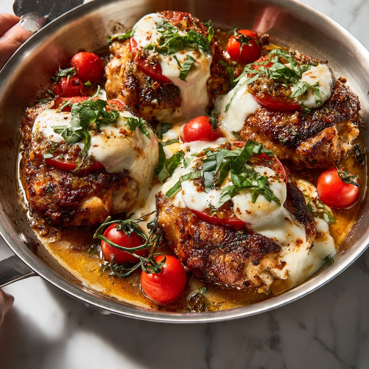 square image The image shows a large metal pan with four cooked chicken thighs topped with slices of white mozzarella, red tomato, and fresh green basil leaves. Each chicken piece is well browned with crispy edges, resting in a golden-brown sauce at the bottom of the pan. Around the chicken, small red cherry tomatoes, some still on the vine, add bright spots of color. The cheese looks soft and smooth, slightly melting over the chicken, while the basil adds a fresh leafy texture on top. A woman's hand holding a spatula is visible on the left edge of the pan. The surface beneath the pan is a white marbled texture. photo taken with an iphone --ar 4:5 --v 7