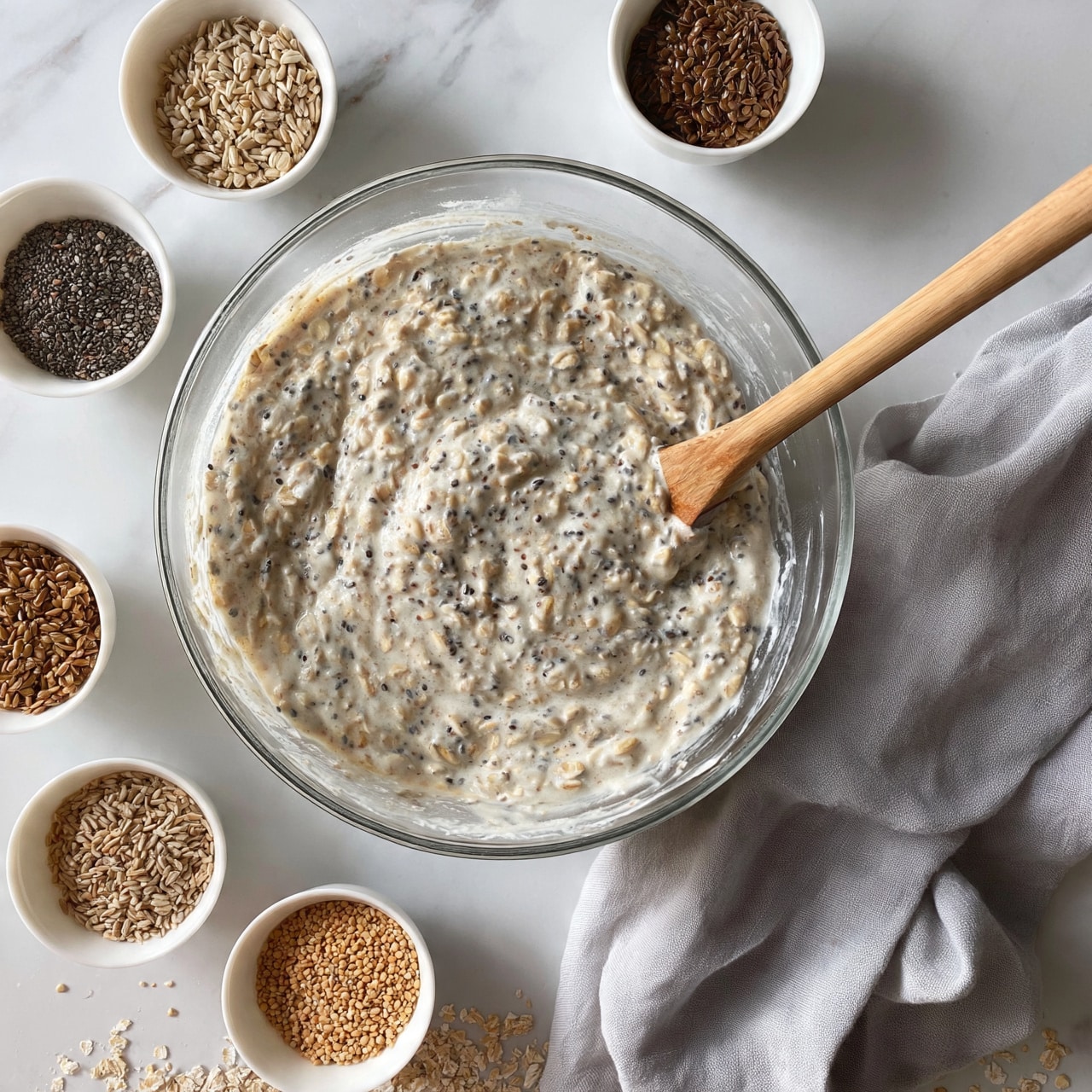 square image A clear glass bowl filled with thick, creamy oatmeal mixture that has visible whole oats and small dark seeds mixed in, with a wooden spoon resting inside the bowl on the right; around the bowl, five small white bowls each hold different seeds and grains in light brown, dark brown, and beige colors; a soft gray cloth is spread below the bowl on the right side, all placed on a white marbled surface with scattered oats around, photo taken with an iphone --ar 4:5 --v 7