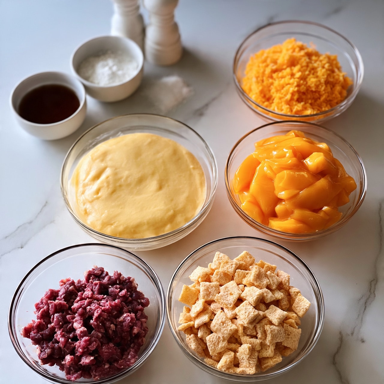 square image The image shows seven clear glass bowls on a white marbled surface. The top right bowl contains grated orange cheese with a crumbly texture. Below it, there is a bowl filled with smooth and shiny orange slices or pieces. To the bottom right, a bowl holds small, square beige crunchy cereal pieces. At the bottom left, a bowl has finely chopped red meat with a moist look. Above it, a large bowl contains a pale yellow, thick dough or batter with a smooth surface. Near the top left are small white bowls and containers: one with dark brown liquid, one with white powder resembling flour, a small pile of salt, and salt and pepper shakers. The layout is clean and organized. Photo taken with an iphone --ar 4:5 --v 7