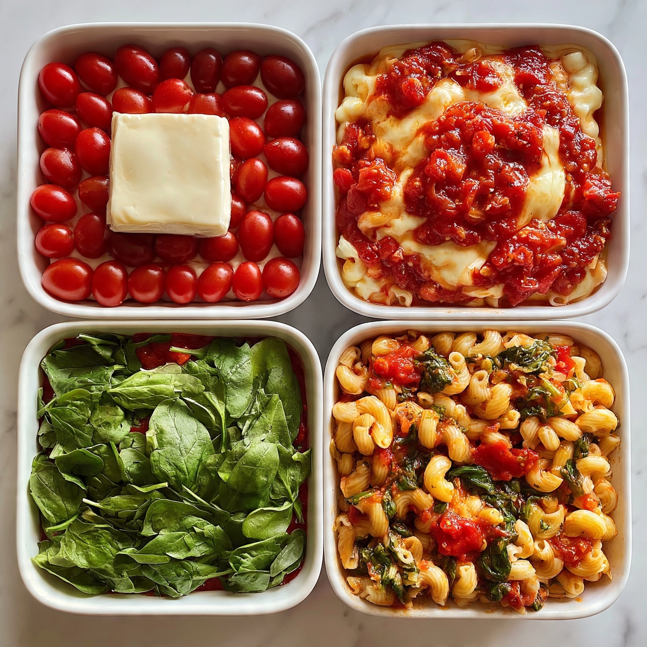 square image The image shows four stages of making a pasta dish in a white rectangular baking dish, all placed on a white marbled surface. The first stage has a layer of small red cherry tomatoes with a square of soft white cheese in the middle. The second stage shows the cheese melted and mixed with the crushed tomatoes, creating a thick, chunky red and creamy sauce. The third stage has a layer of fresh green spinach leaves spread evenly over the sauce. The final stage shows cooked elbow pasta tossed with the tomato sauce and spinach, with bits of red tomatoes and green spinach visible, creating a colorful mix. photo taken with an iphone --ar 4:5 --v 7