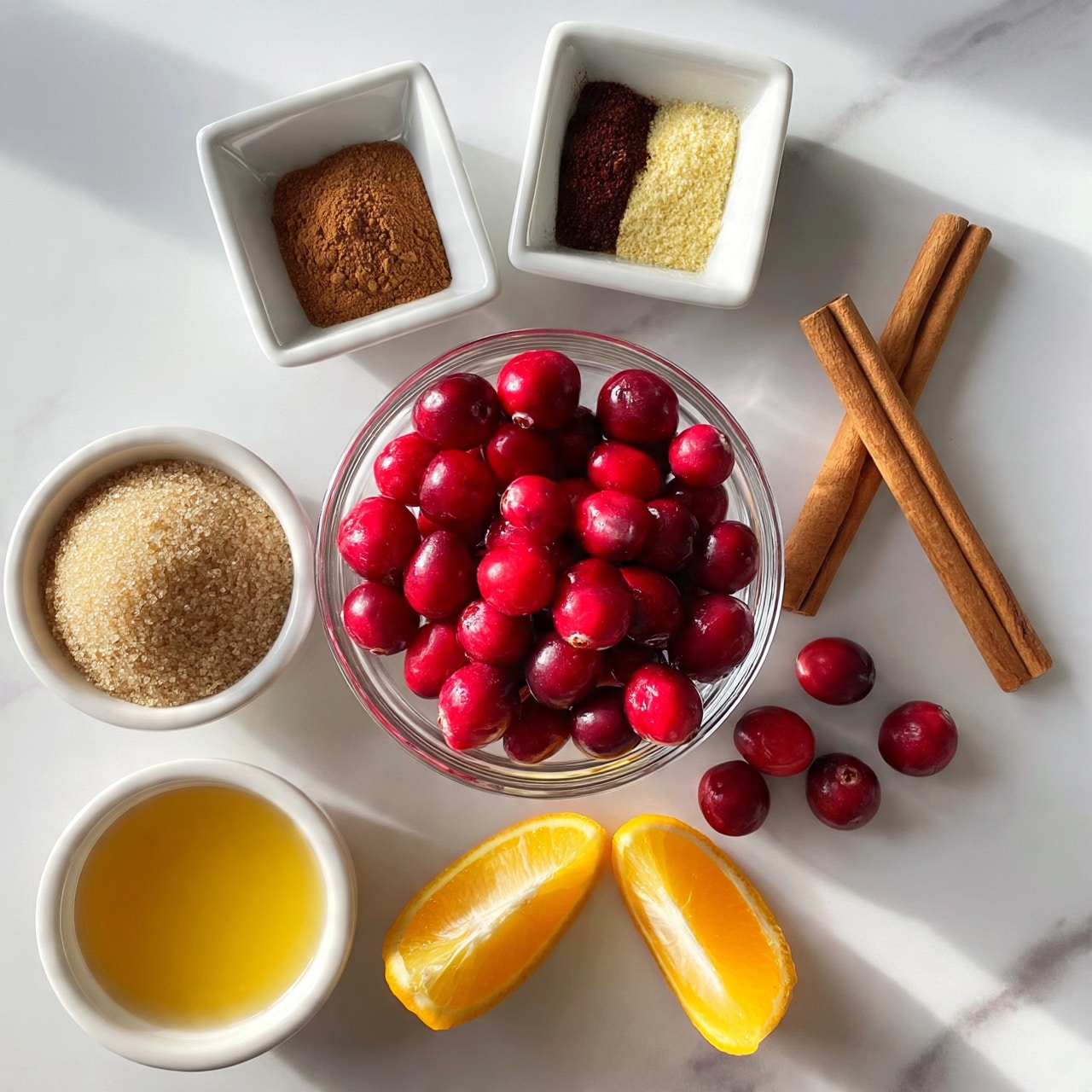 square image A top-down view shows a collection of ingredients arranged on a white marbled surface. Central and largest is a clear glass bowl filled with bright red fresh cranberries, with some cranberries scattered nearby. To the right, there are two long cinnamon sticks placed diagonally. Above the cranberries, there are two small white square dishes, one holding ground cinnamon and the other divided into two piles of spices—one dark brown and one light yellow. Below the cranberries, two bright orange lemon wedges are placed side by side. To the left of the cranberries is a small white round bowl filled with light brown sugar, and below that, a small white bowl holds golden yellow liquid juice. The arrangement is simple and clean with bright, natural lighting highlighting the colors and textures of the ingredients. Photo taken with an iphone --ar 4:5 --v 7