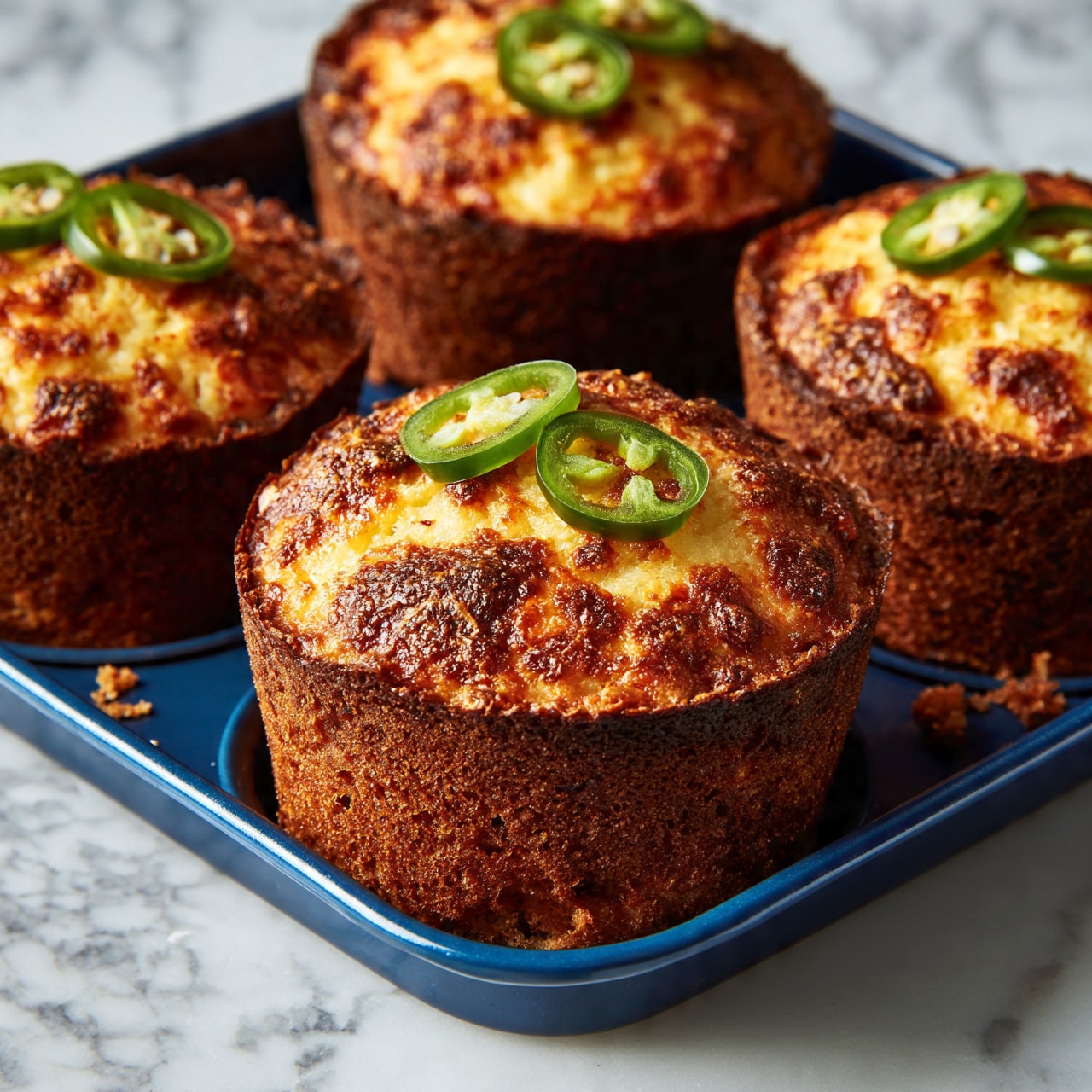 square image The image shows five golden-brown muffins in a blue muffin tray on a white marbled surface. Each muffin is topped with two to three thin slices of green jalapeño pepper resting on the slightly domed top, which has a textured, crispy crust with lighter yellow and darker brown spots. The muffin sides have a rough, firm texture and a rich brown color that contrasts with the lighter top. Small crumbs are scattered around the tray. The photo focuses closely on the muffins, showing details of their surface and jalapeño slices. photo taken with an iphone --ar 4:5 --v 7