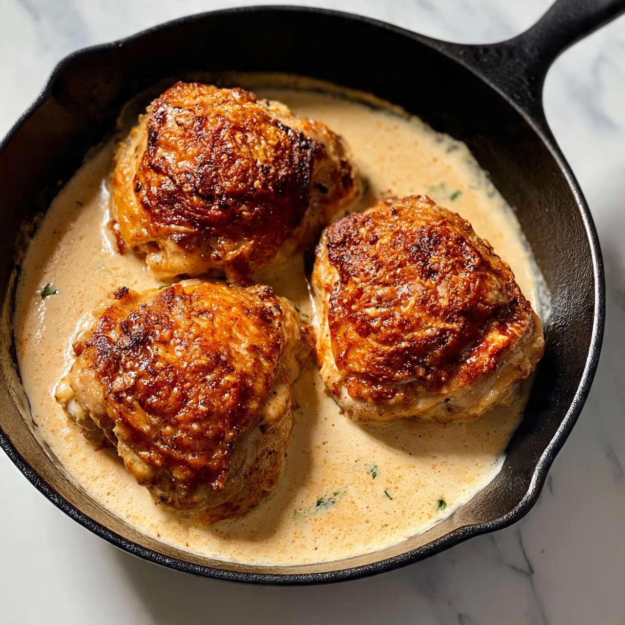 square image A black cast iron pan sits on a white marbled surface, holding four pieces of cooked chicken with golden-brown, crispy skin. The chicken pieces are slightly raised and surrounded by a creamy, light tan sauce that coats the bottom of the pan. The sauce has a smooth texture with a few small green herb bits sprinkled on top, adding touches of green. The chicken pieces are positioned close to each other but not touching, and the pan handle extends to the right side. photo taken with an iphone --ar 4:5 --v 7