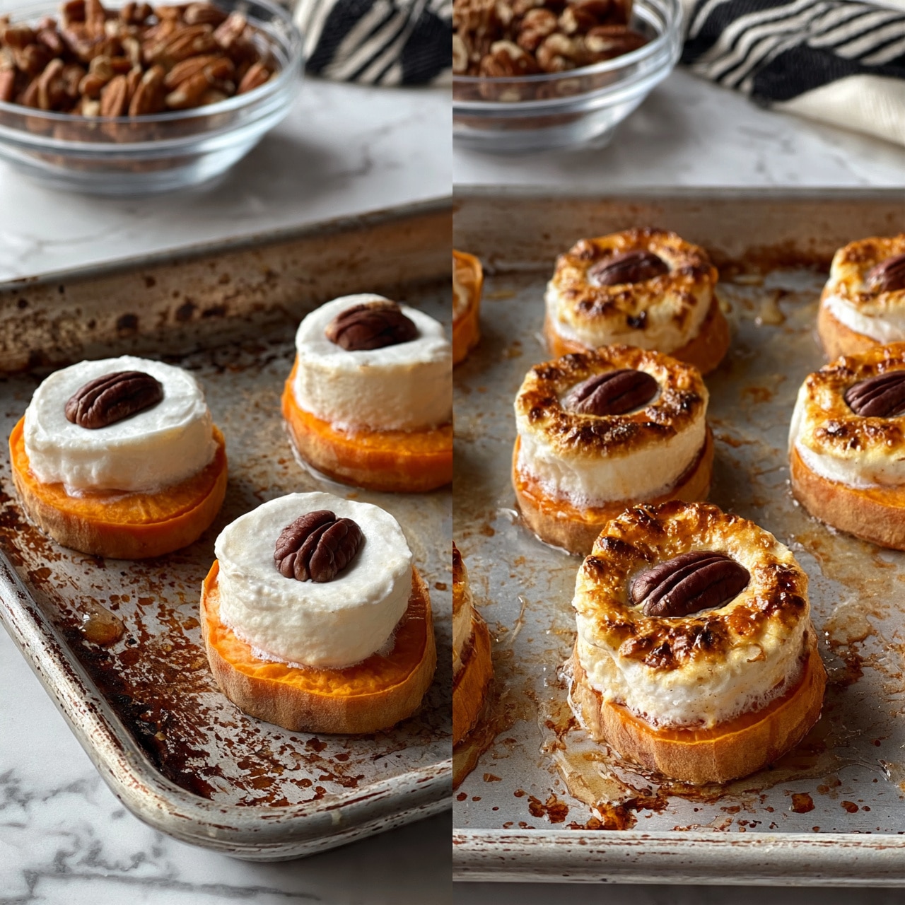 square image The image shows two side-by-side views of a baking sheet with small snacks. Each snack has two layers: the bottom layer is a round piece of orange sweet potato with a soft, slightly crispy texture. On top of each sweet potato slice is a thick white marshmallow in the left image, which becomes golden brown and toasted in the right image. On the toasted marshmallows in the right image, one dark brown pecan half is placed at the center. In the background, on a white marbled surface, there is a clear glass bowl filled with pecans and a black and white striped cloth. The baking sheet is metal and slightly stained with brown spots and syrup spills. Photo taken with an iphone --ar 4:5 --v 7