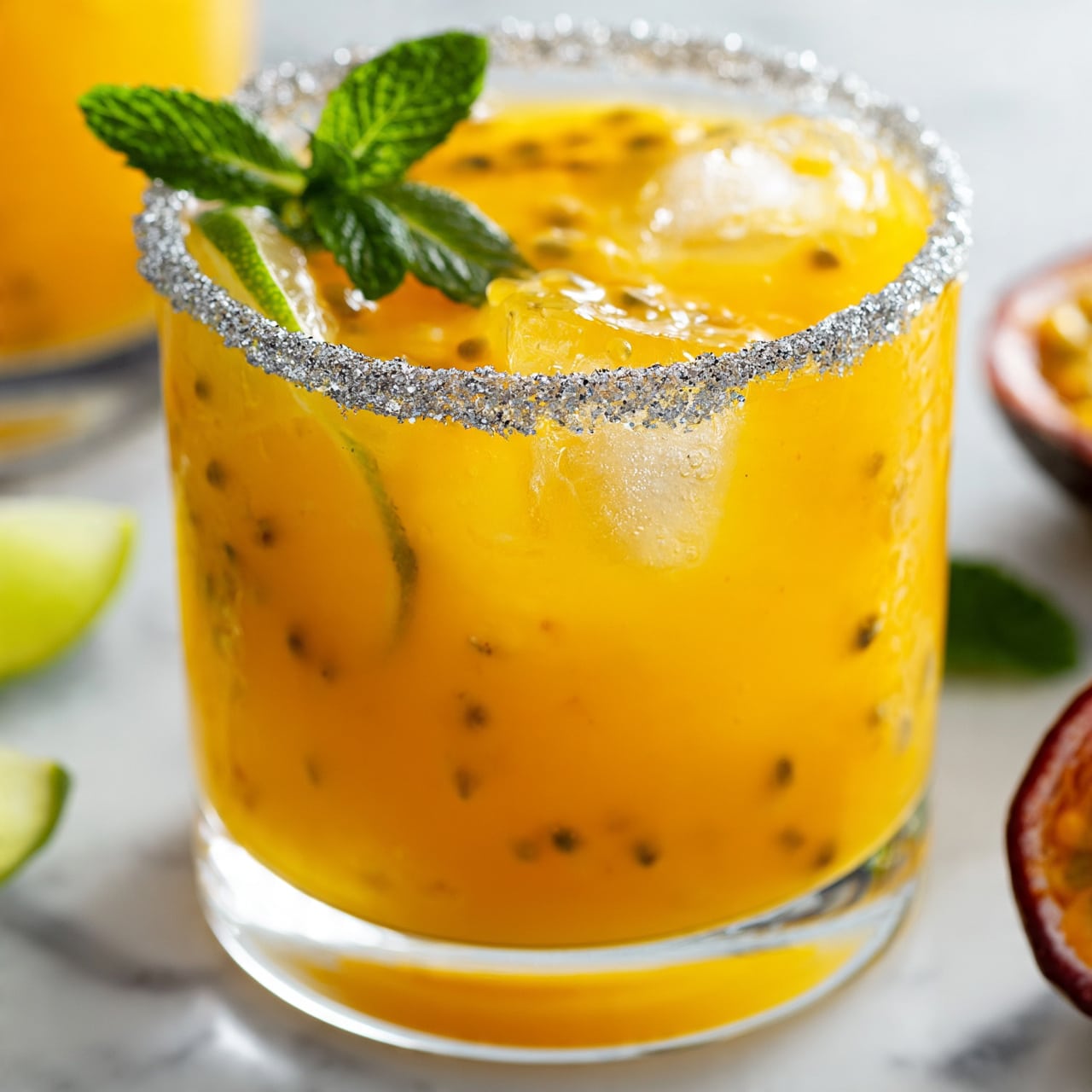 square image A clear, short glass filled with bright orange-yellow juice with visible small passion fruit seeds and large clear ice cubes floating in the drink. The drink is topped with a small sprig of fresh green mint leaves and a thin slice of lime on the left side inside the glass. The rim of the glass is coated with a silver-white sugar layer. Around the glass, there are partially visible lime wedges and passion fruit halves, all set on a white marbled surface. Another glass with the same drink is partly in the background. Photo taken with an iphone --ar 4:5 --v 7