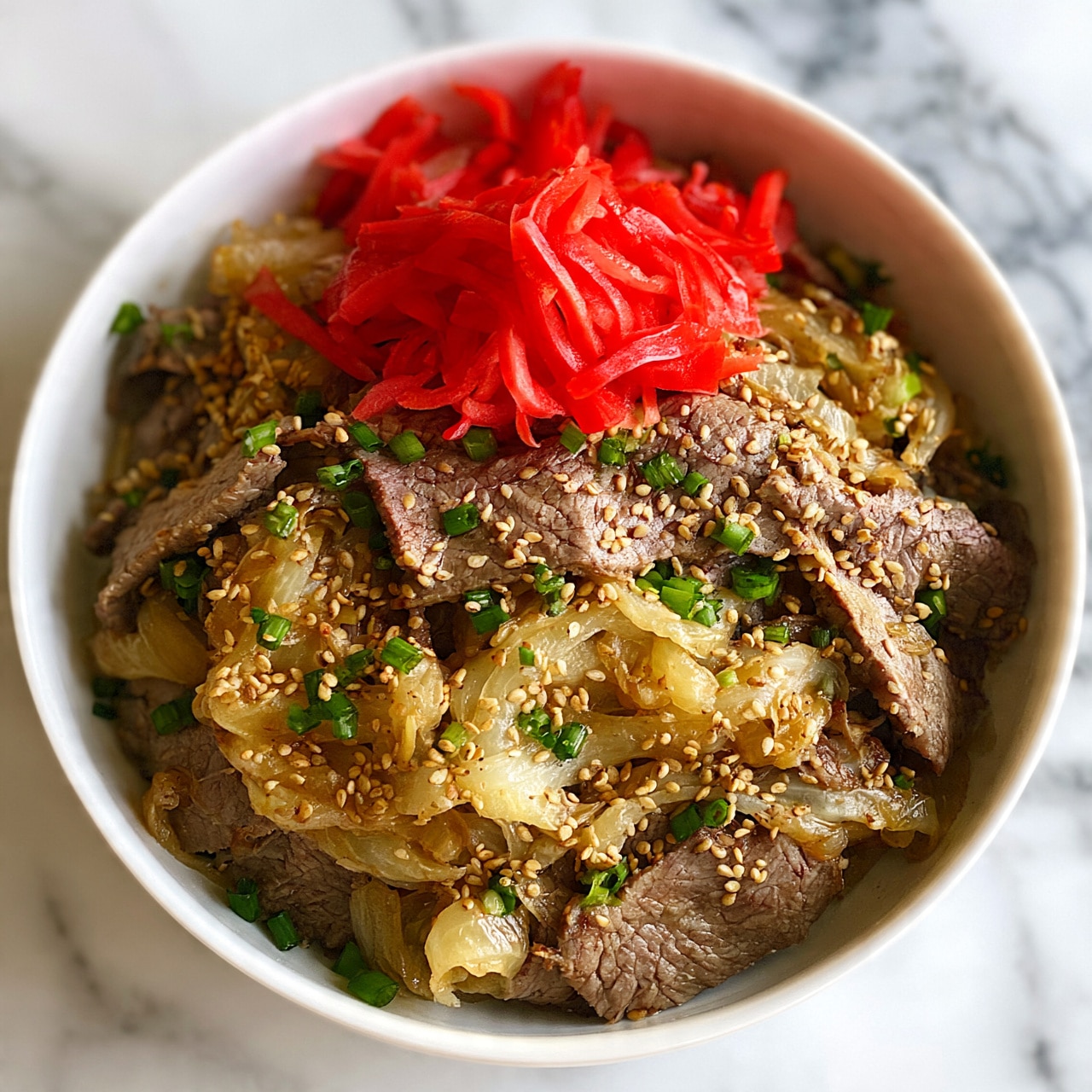 square image A white bowl filled with thin slices of cooked beef mixed with soft, slightly translucent cooked onions as the bottom layer, scattered with small green chopped spring onions and sprinkled with light brown sesame seeds. On top sits a pile of bright red pickled ginger strips, adding a pop of color and texture. The bowl is placed on a white marbled surface. photo taken with an iphone --ar 4:5 --v 7